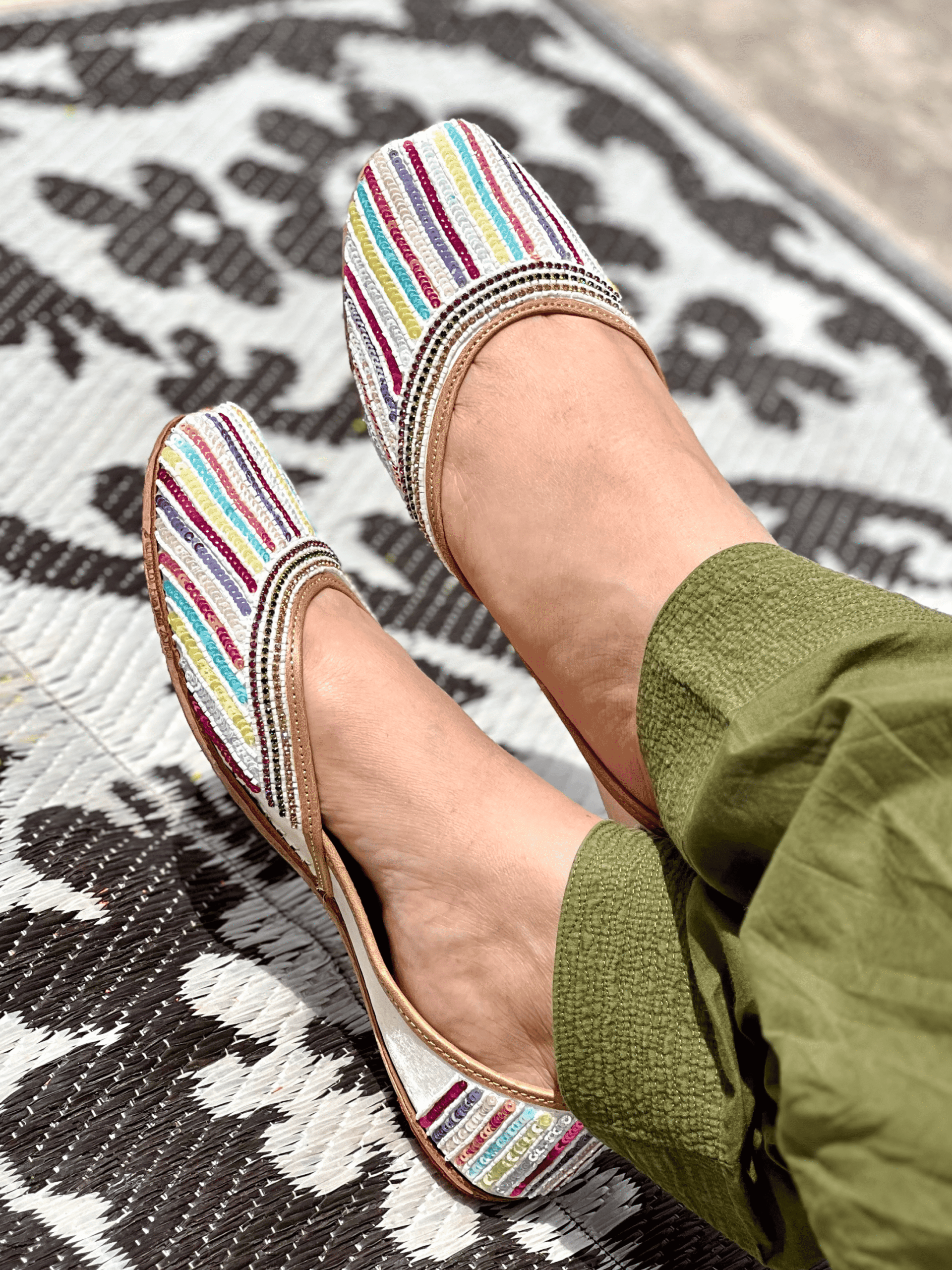 pha || traditional handcrafted sequined ethnic jutti, multicoloured striped pattern, leather punjabi juttis