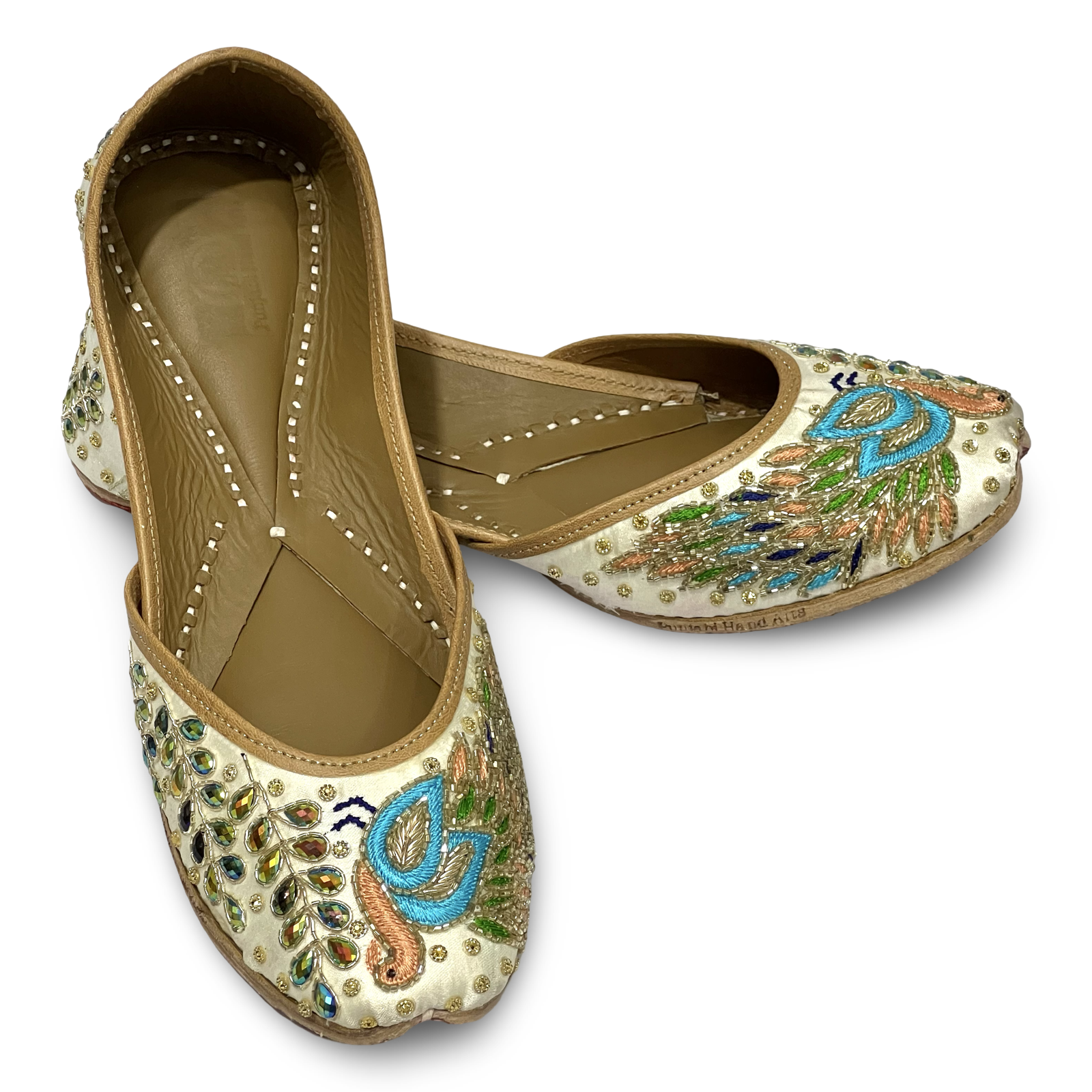 pha || traditional embroidered peacock jutti, women's handcrafted punjabi jutti, cream and turquoise