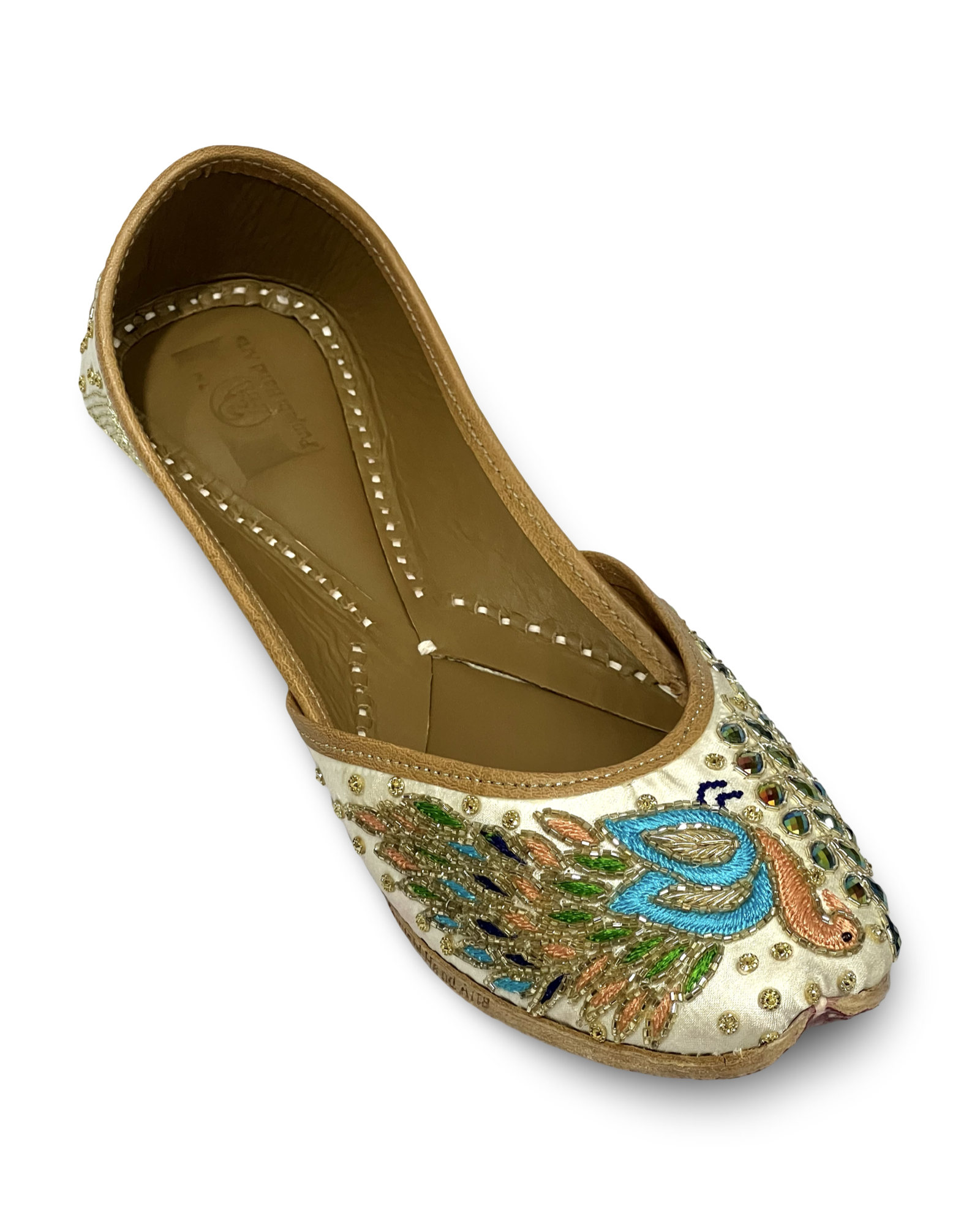 pha || traditional embroidered peacock jutti, women's handcrafted punjabi jutti, cream and turquoise