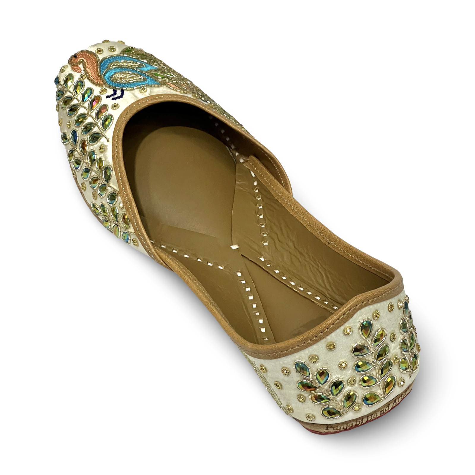 pha || traditional embroidered peacock jutti, women's handcrafted punjabi jutti, cream and turquoise