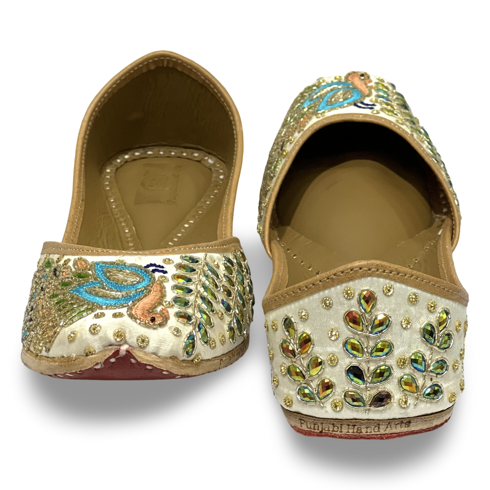 pha || traditional embroidered peacock jutti, women's handcrafted punjabi jutti, cream and turquoise