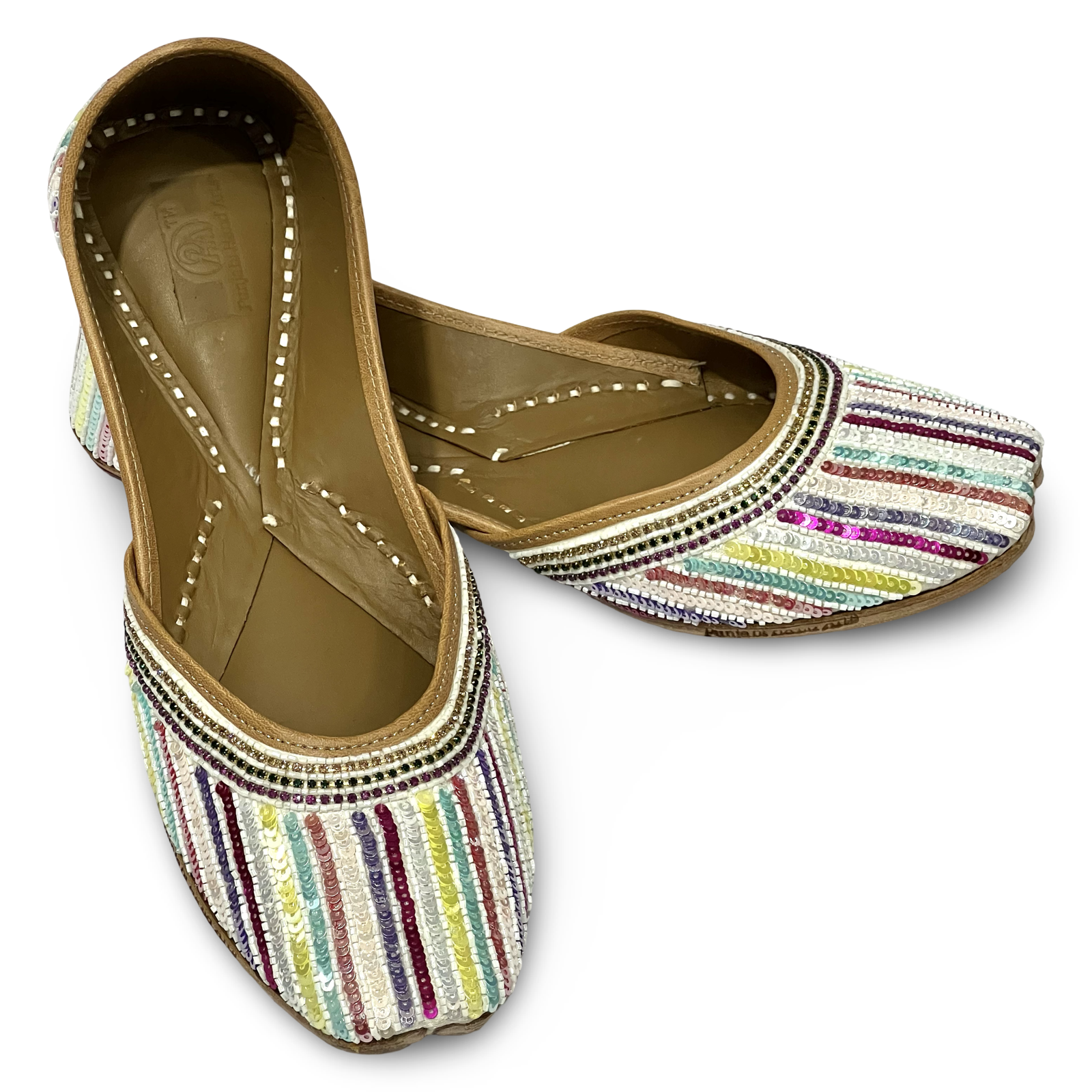 pha || traditional handcrafted sequined ethnic jutti, multicoloured striped pattern, leather punjabi juttis