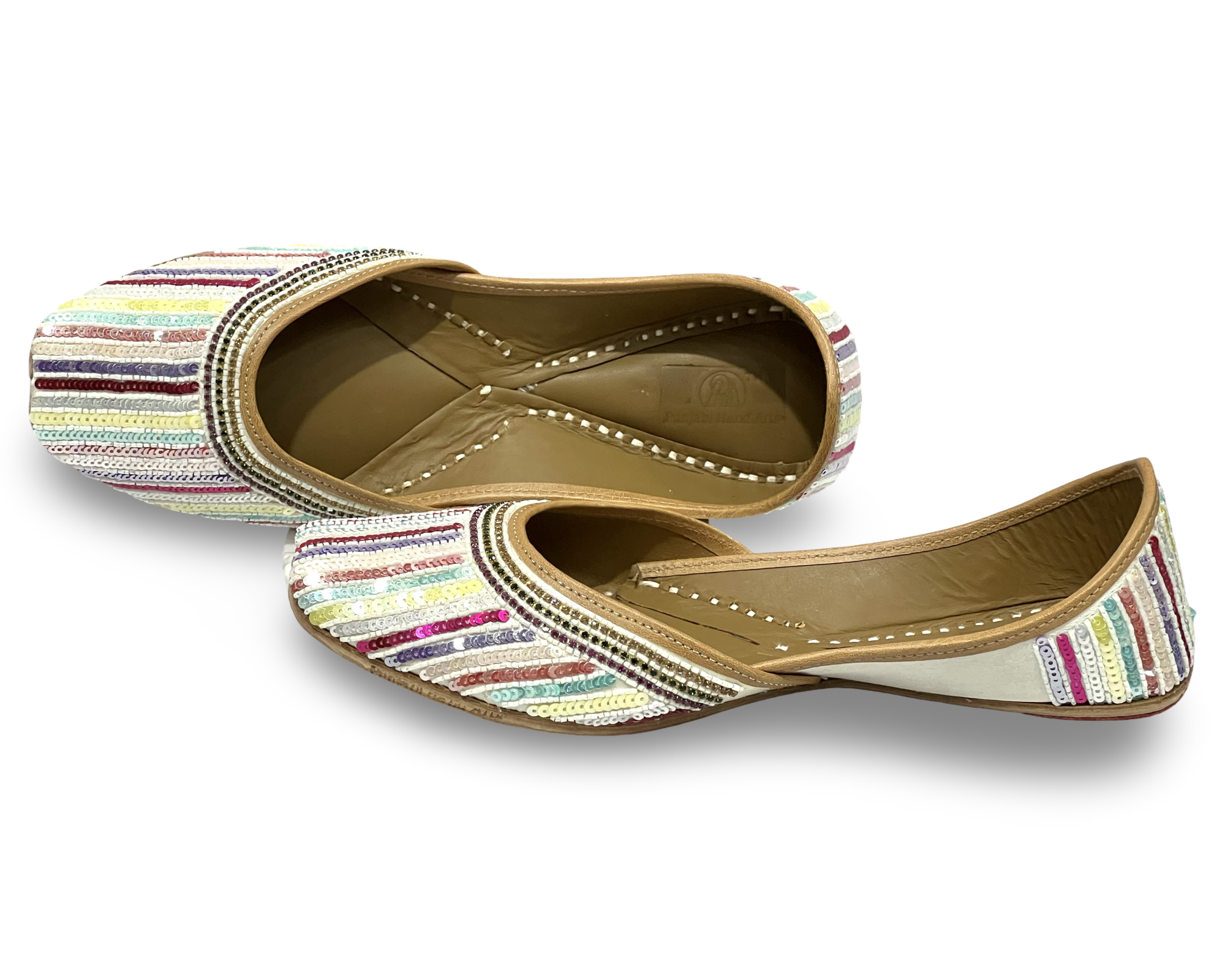 pha || traditional handcrafted sequined ethnic jutti, multicoloured striped pattern, leather punjabi juttis