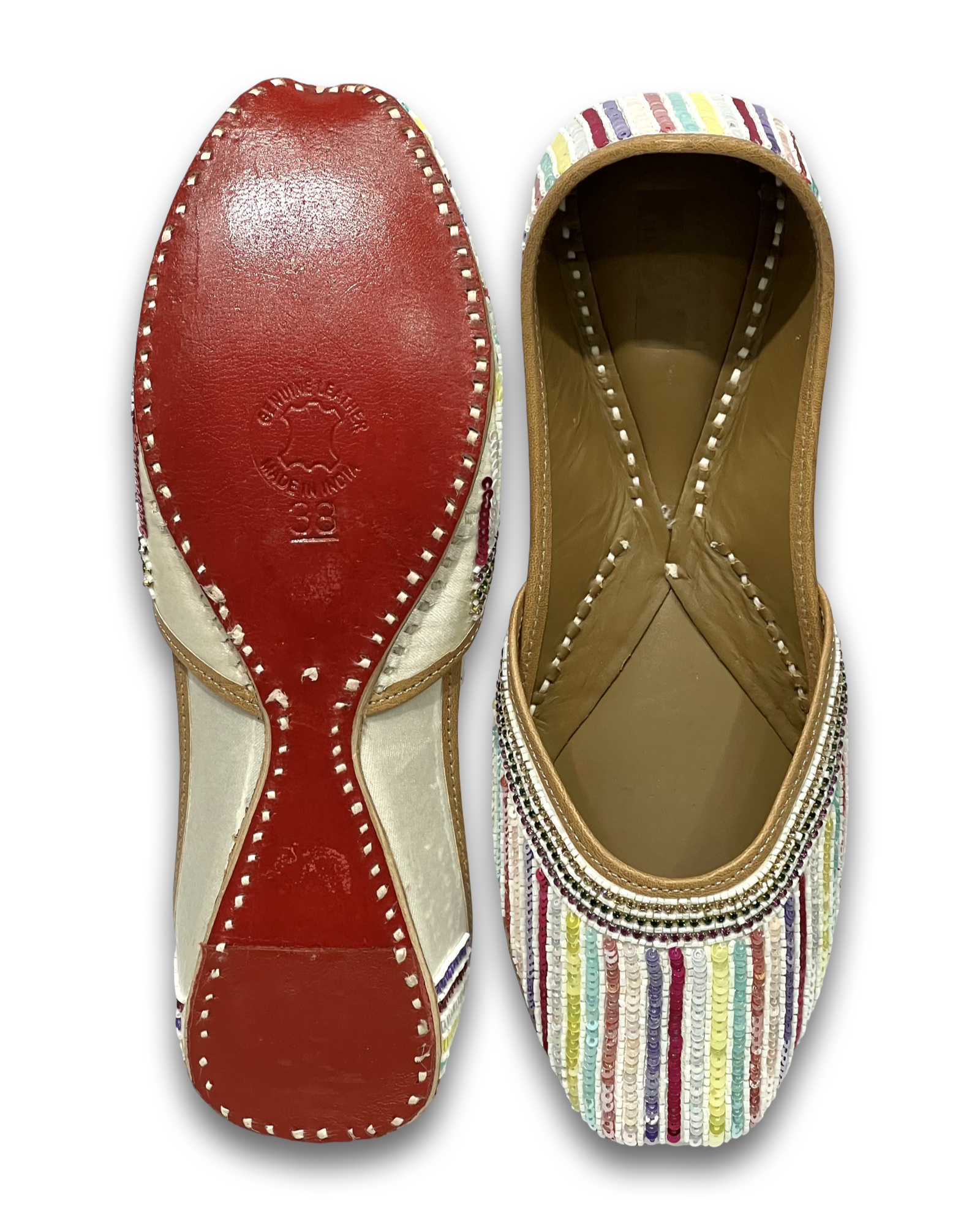 pha || traditional handcrafted sequined ethnic jutti, multicoloured striped pattern, leather punjabi juttis