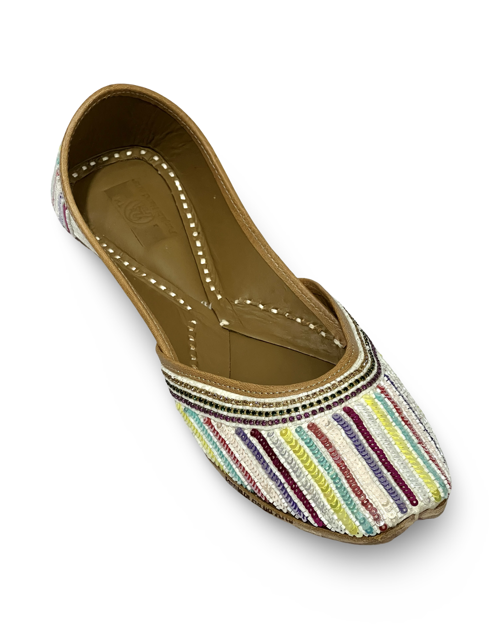 pha || traditional handcrafted sequined ethnic jutti, multicoloured striped pattern, leather punjabi juttis