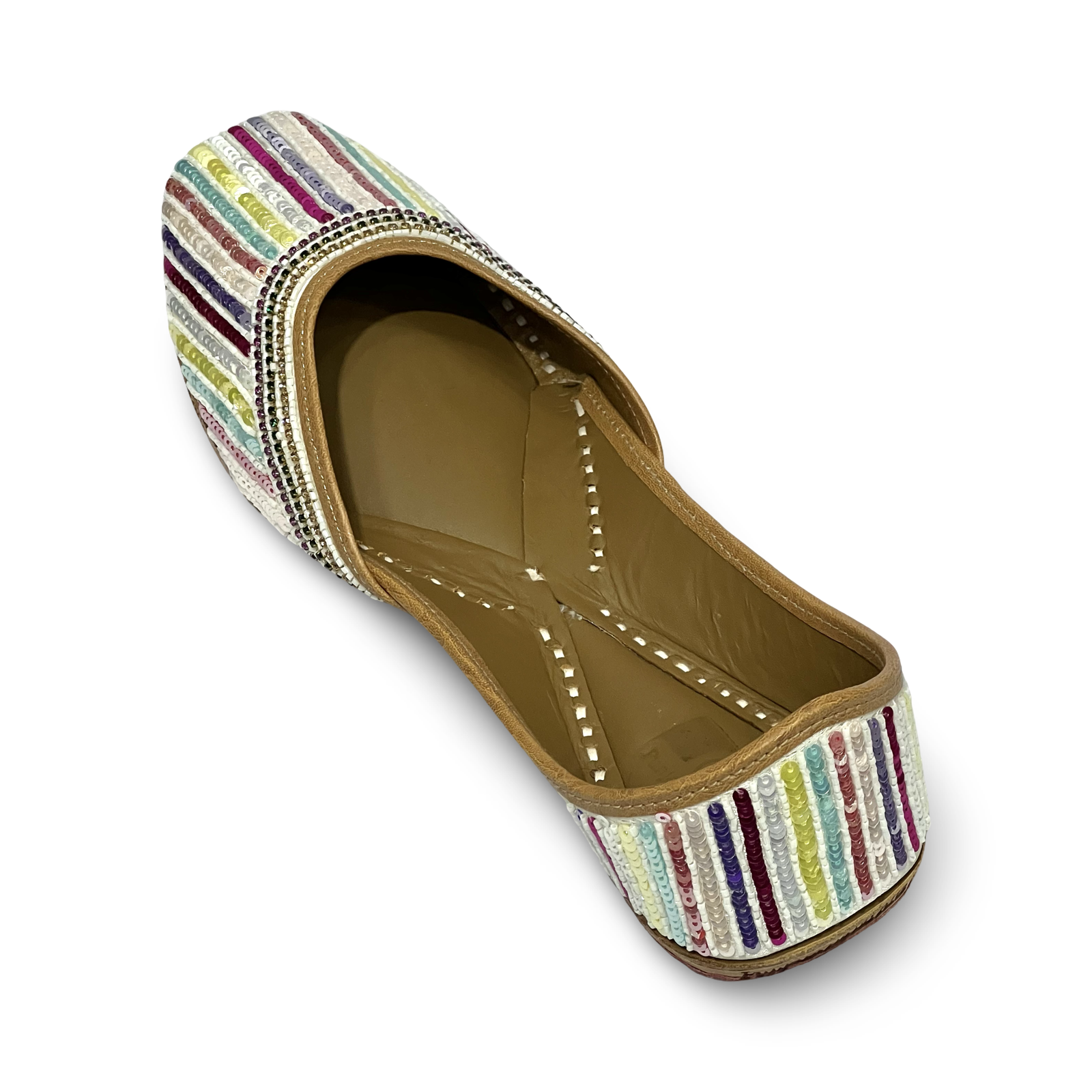 pha || traditional handcrafted sequined ethnic jutti, multicoloured striped pattern, leather punjabi juttis