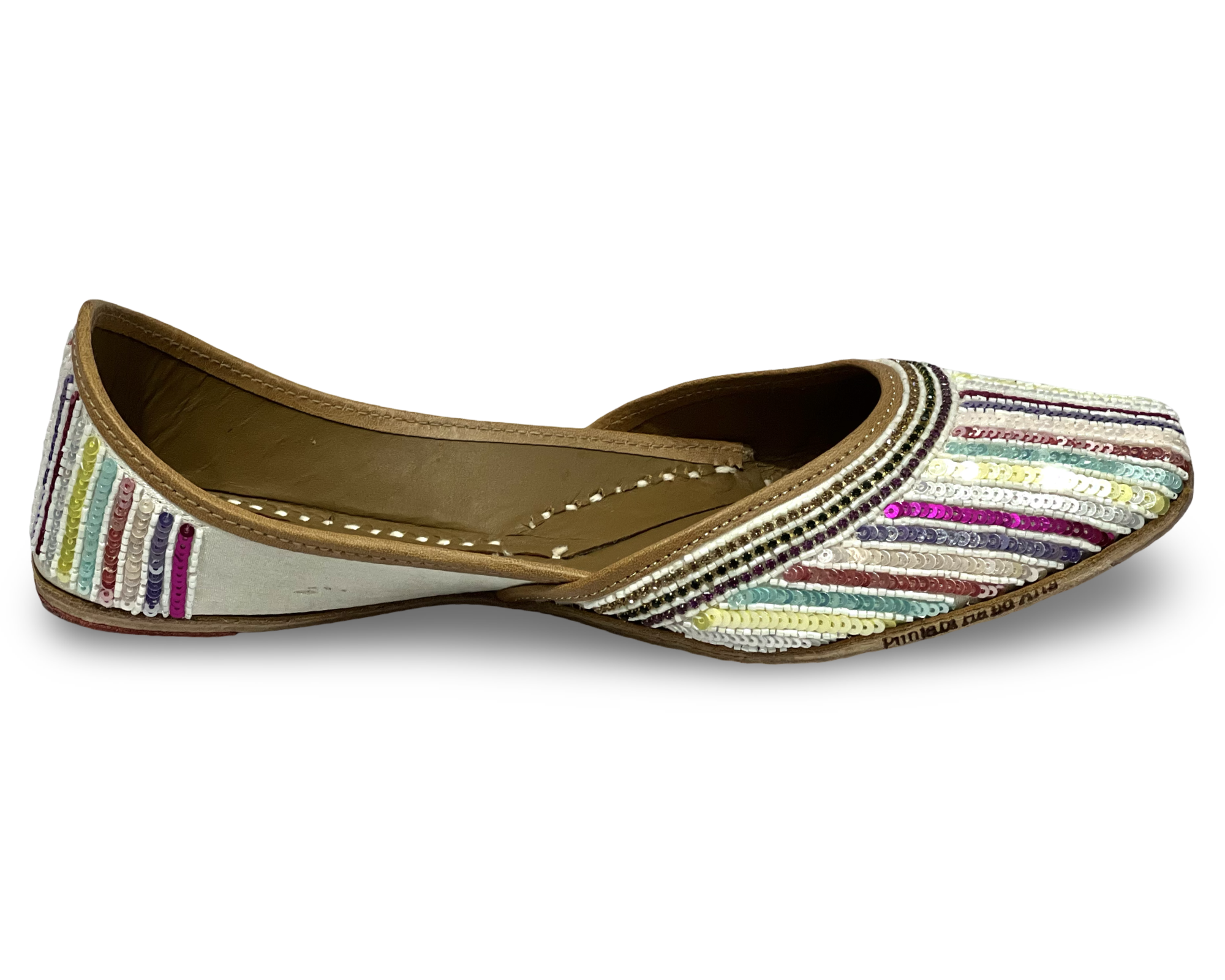 pha || traditional handcrafted sequined ethnic jutti, multicoloured striped pattern, leather punjabi juttis