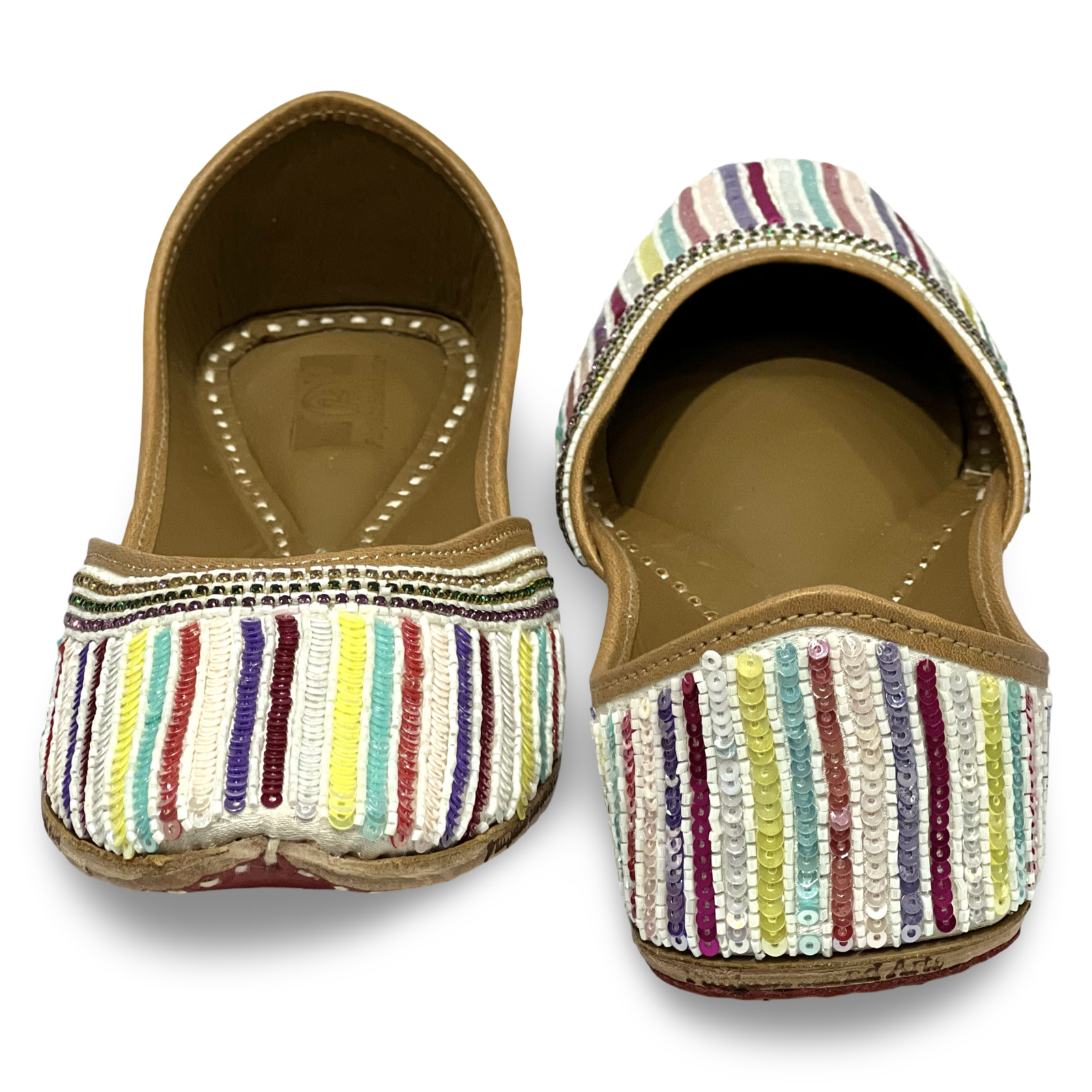 pha || traditional handcrafted sequined ethnic jutti, multicoloured striped pattern, leather punjabi juttis
