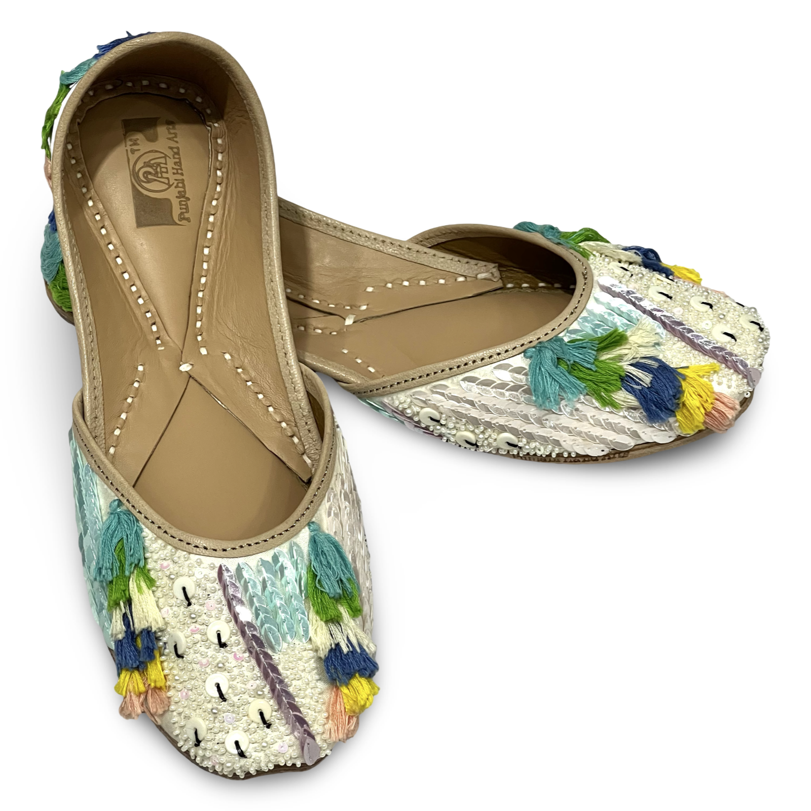 pha || handcrafted embroidered punjabi jutti, traditional juttis with multicolour tassels, white sequined