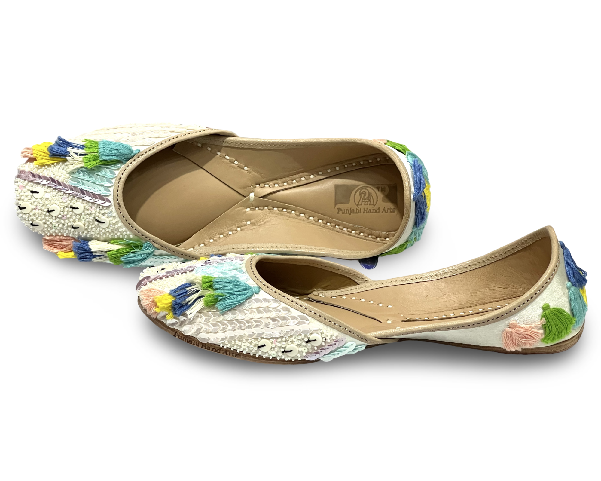 pha || handcrafted embroidered punjabi jutti, traditional juttis with multicolour tassels, white sequined