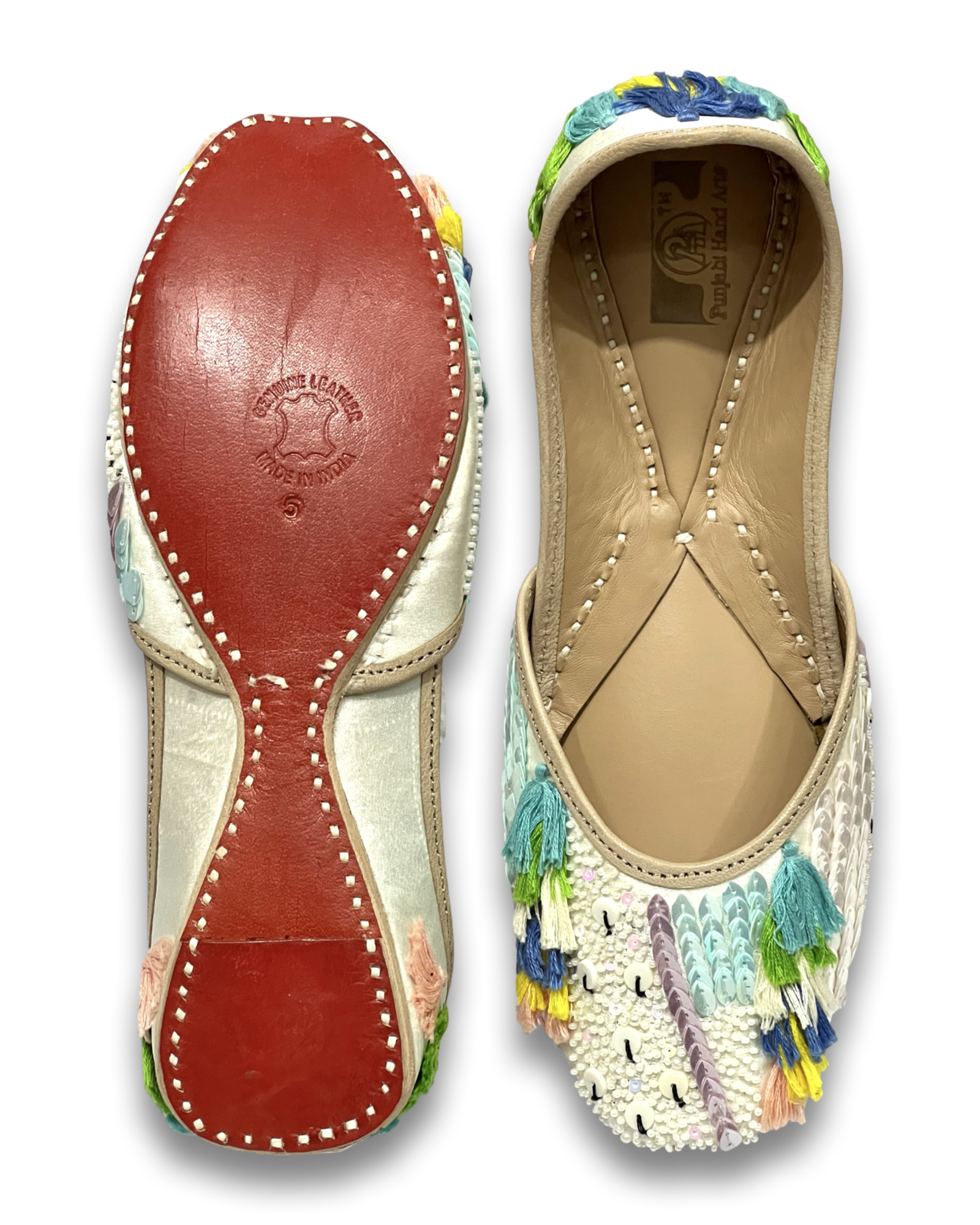 pha || handcrafted embroidered punjabi jutti, traditional juttis with multicolour tassels, white sequined