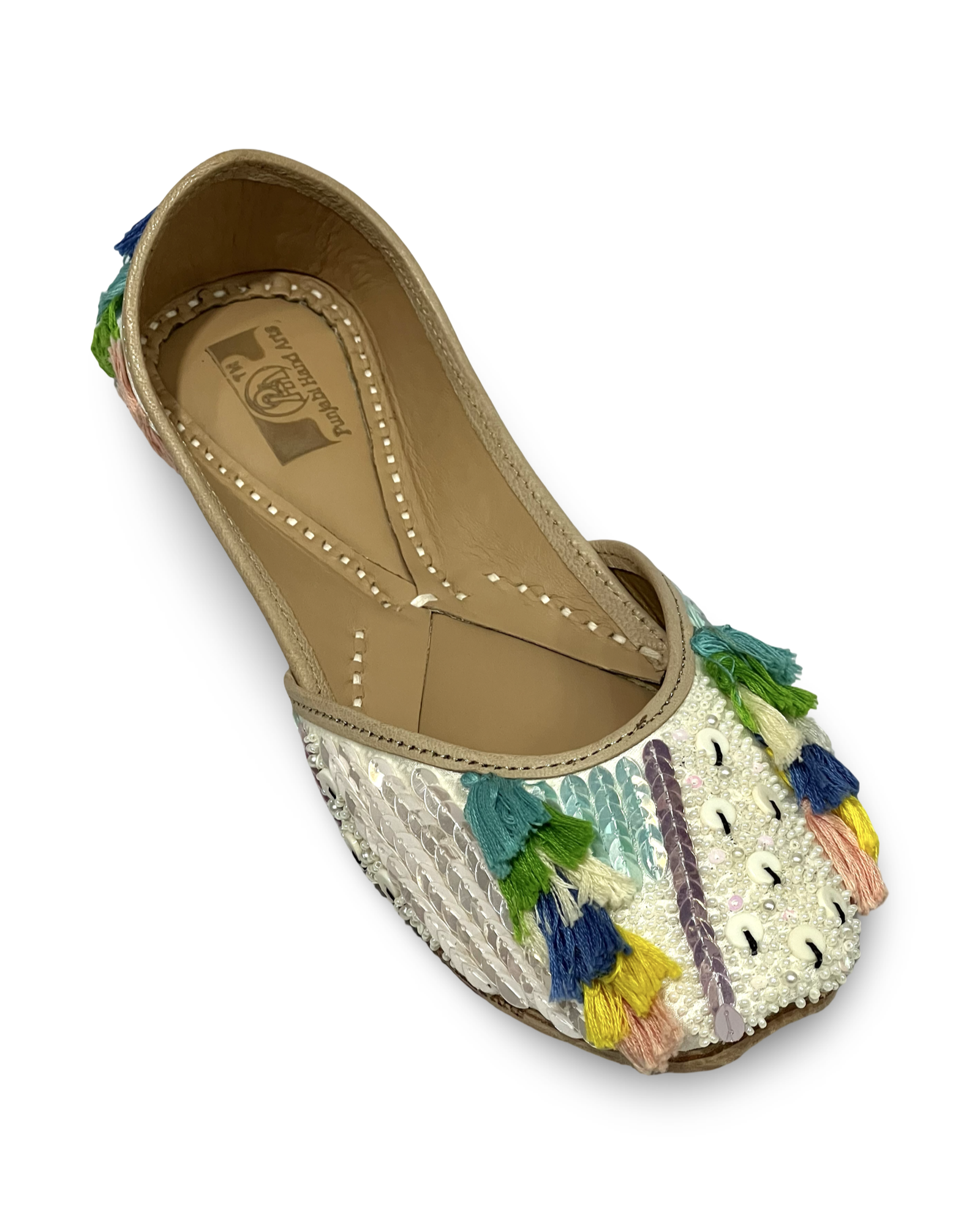 pha || handcrafted embroidered punjabi jutti, traditional juttis with multicolour tassels, white sequined
