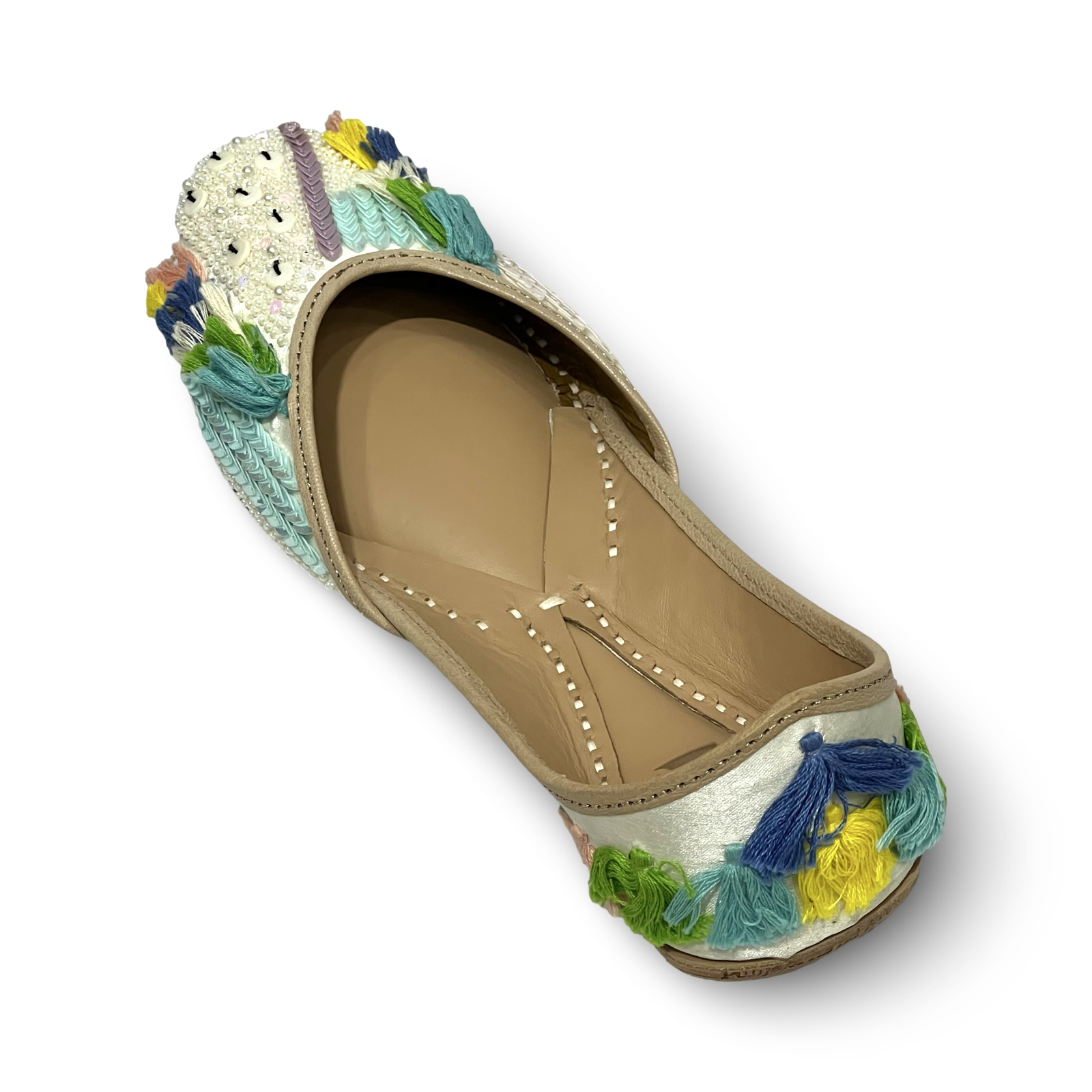 pha || handcrafted embroidered punjabi jutti, traditional juttis with multicolour tassels, white sequined