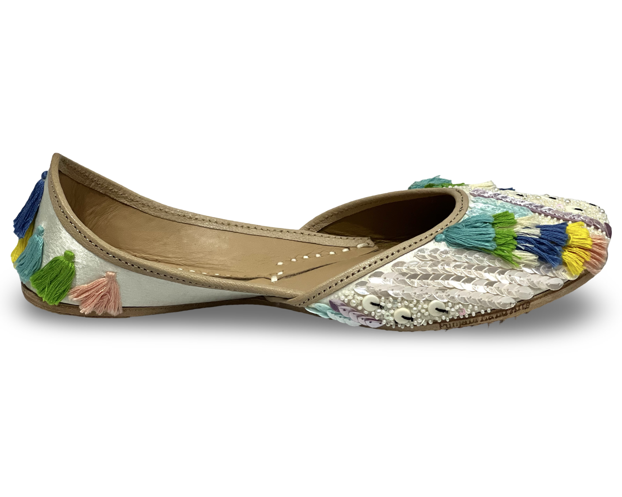 pha || handcrafted embroidered punjabi jutti, traditional juttis with multicolour tassels, white sequined