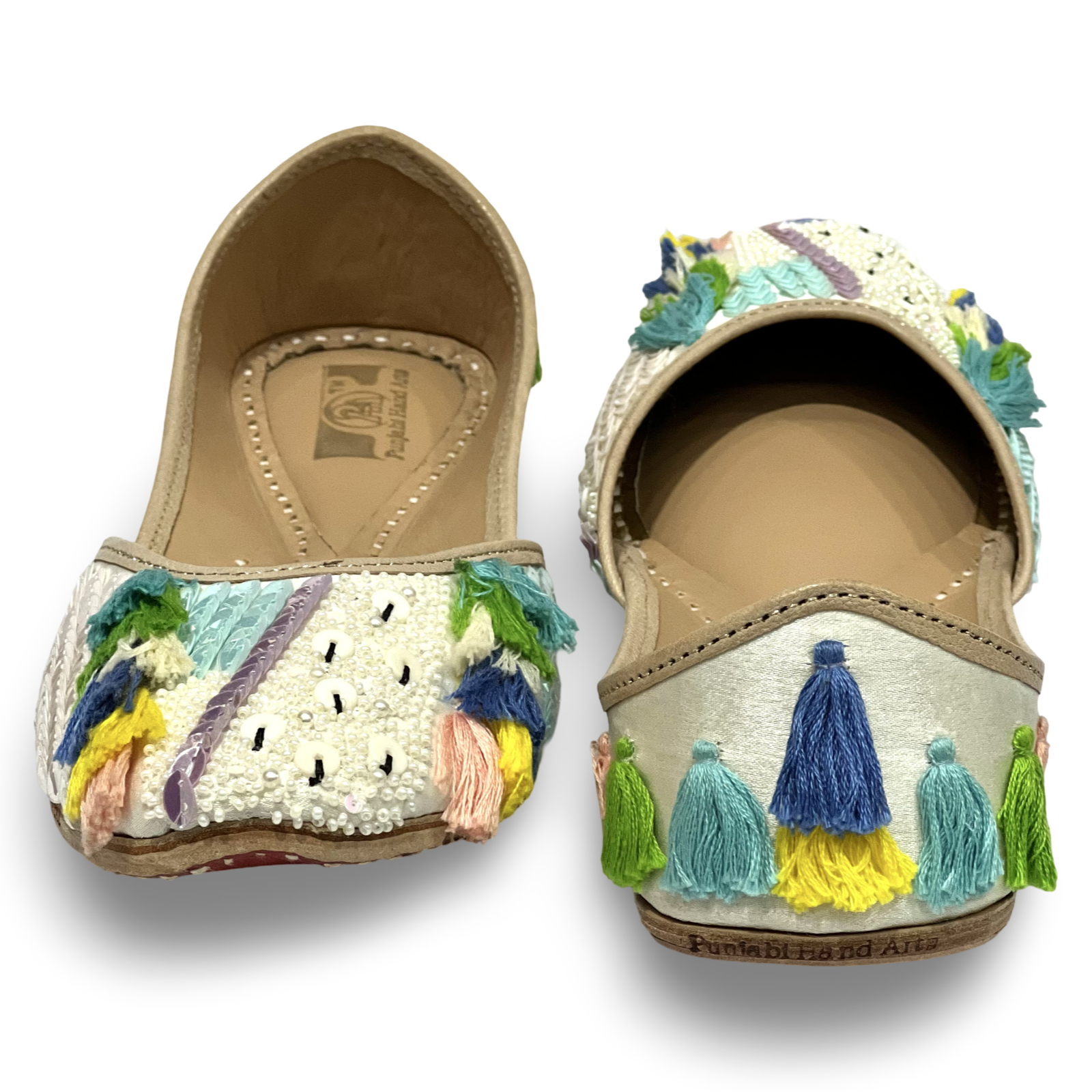 pha || handcrafted embroidered punjabi jutti, traditional juttis with multicolour tassels, white sequined