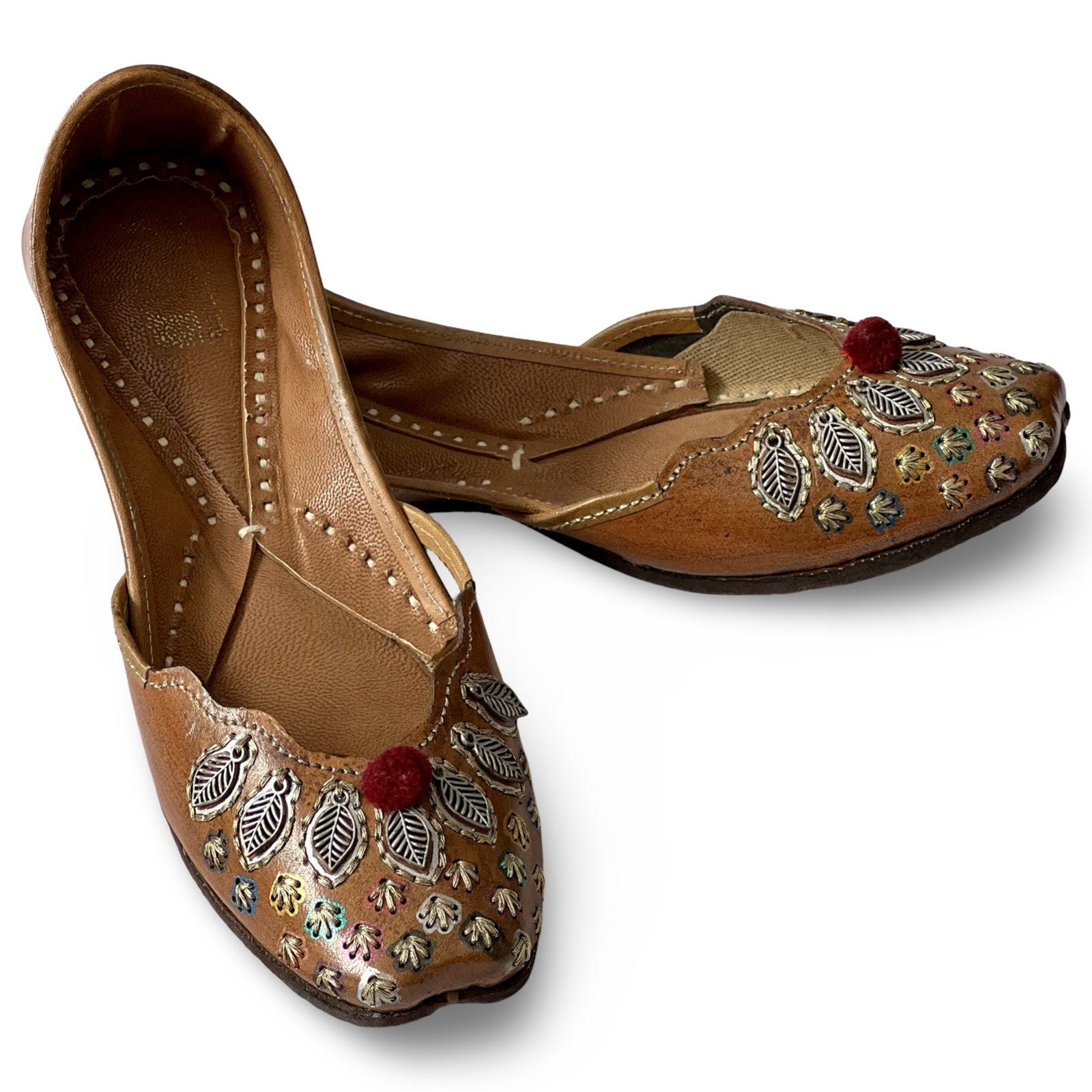 pha || women's traditional embroidered punjabi jutti, brown leather, decorative metal leaf design, phas juttis