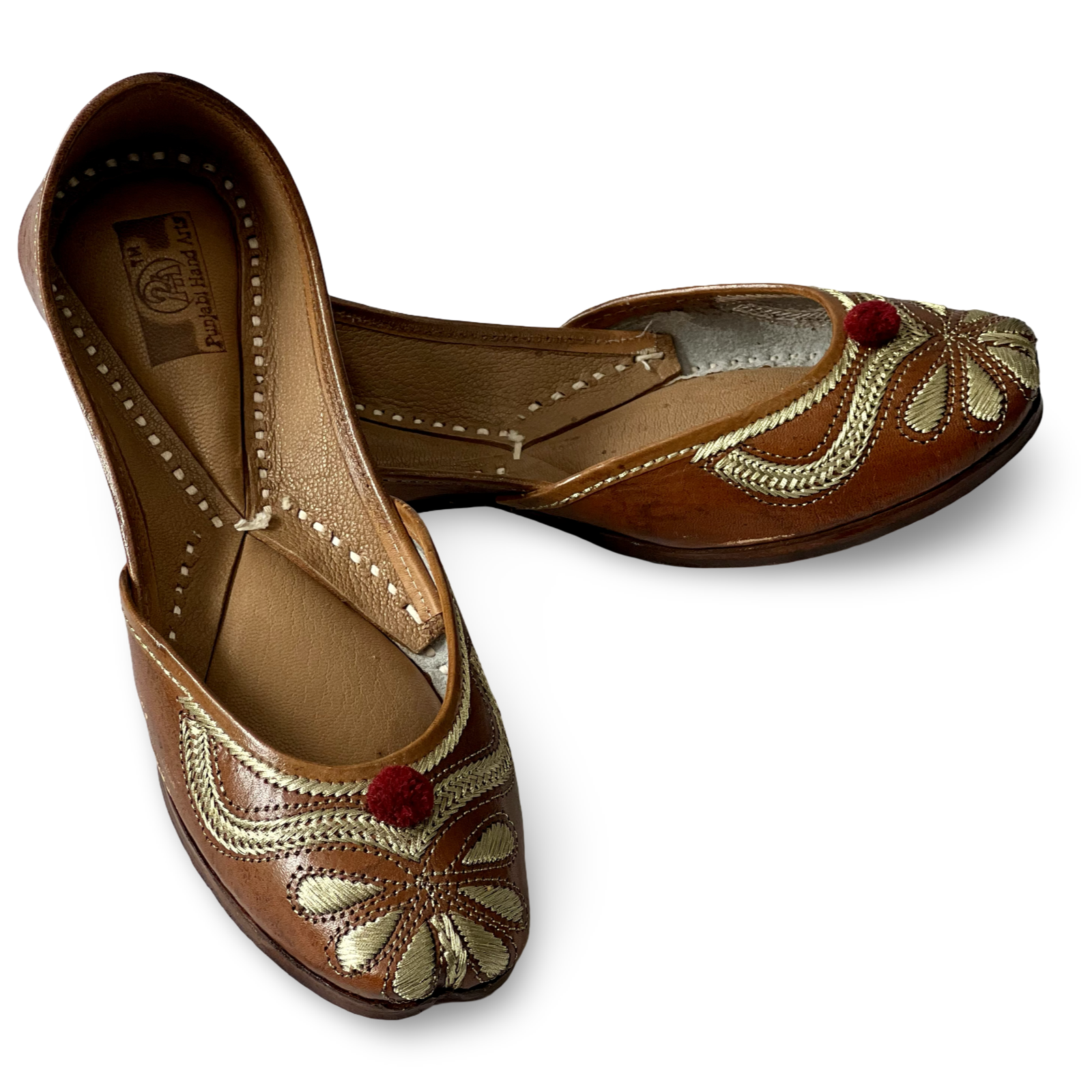 pha || traditional women's embroidered leather soft punjabi jutti, brown with gold floral design, mary jane style punjabi juttis
