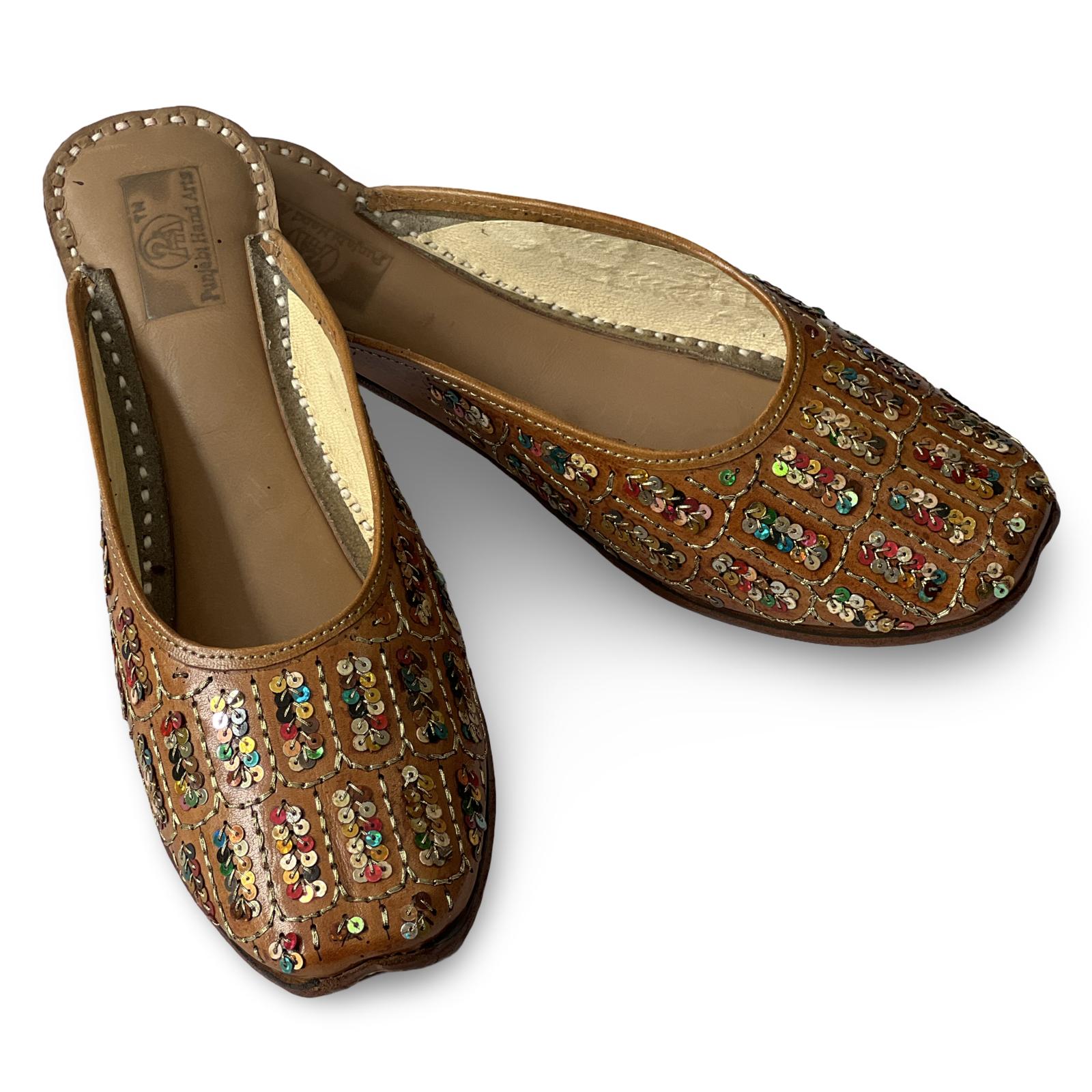 pha || wome's traditional sequined leather mojari, back open handcrafted embellished flats jutti | punjabi juttis