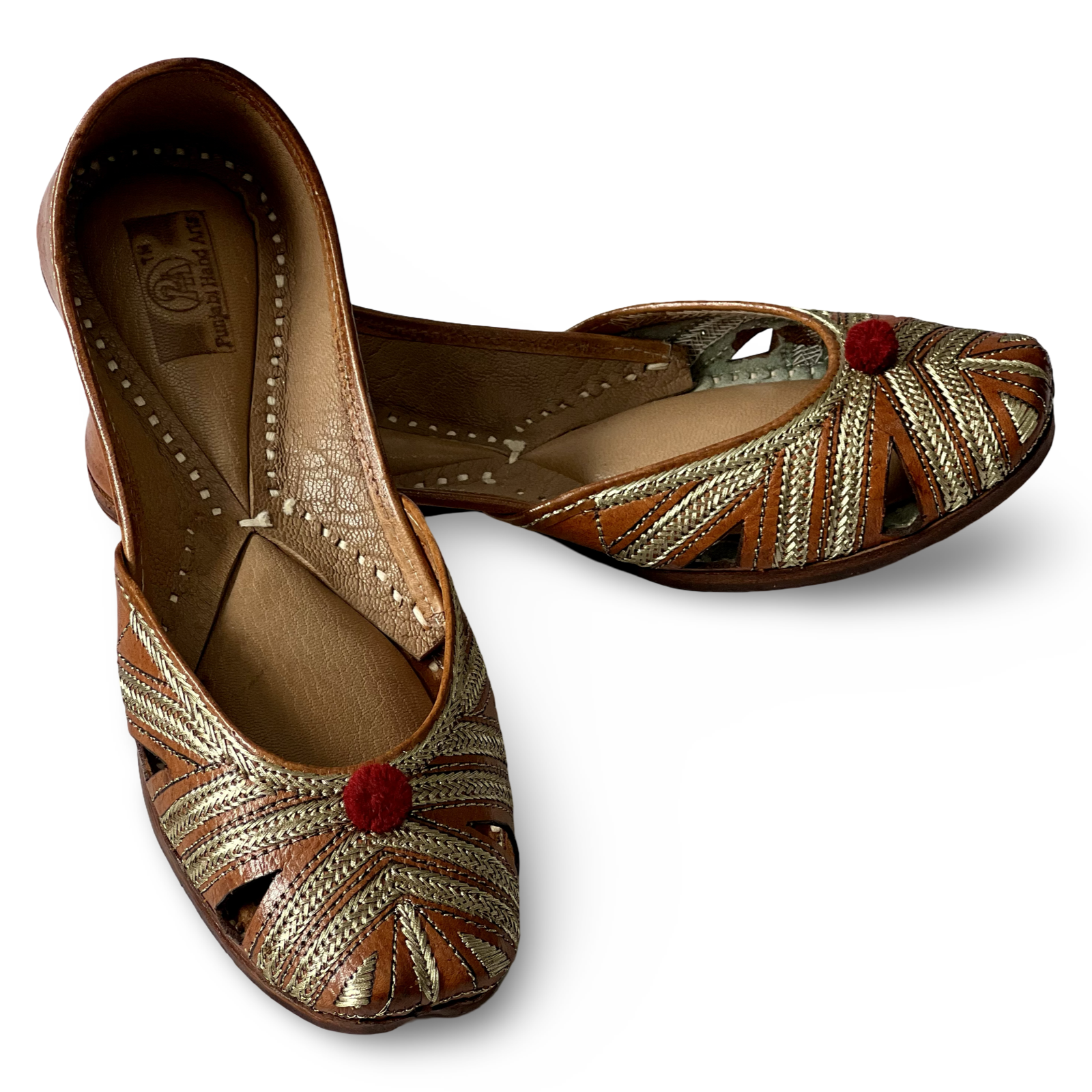 pha || women's woven leather soft punjabi jutti, brown and gold, decorative red pom pom, vintage style juttis