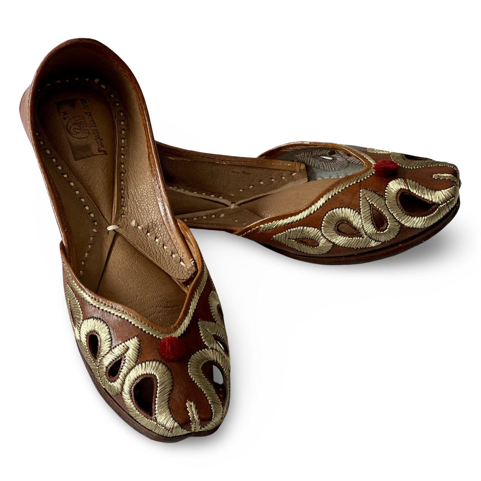 pha || traditional women's embroidered leather jutti, brown with gold floral design, slip on comfort & durable punjabi jutti