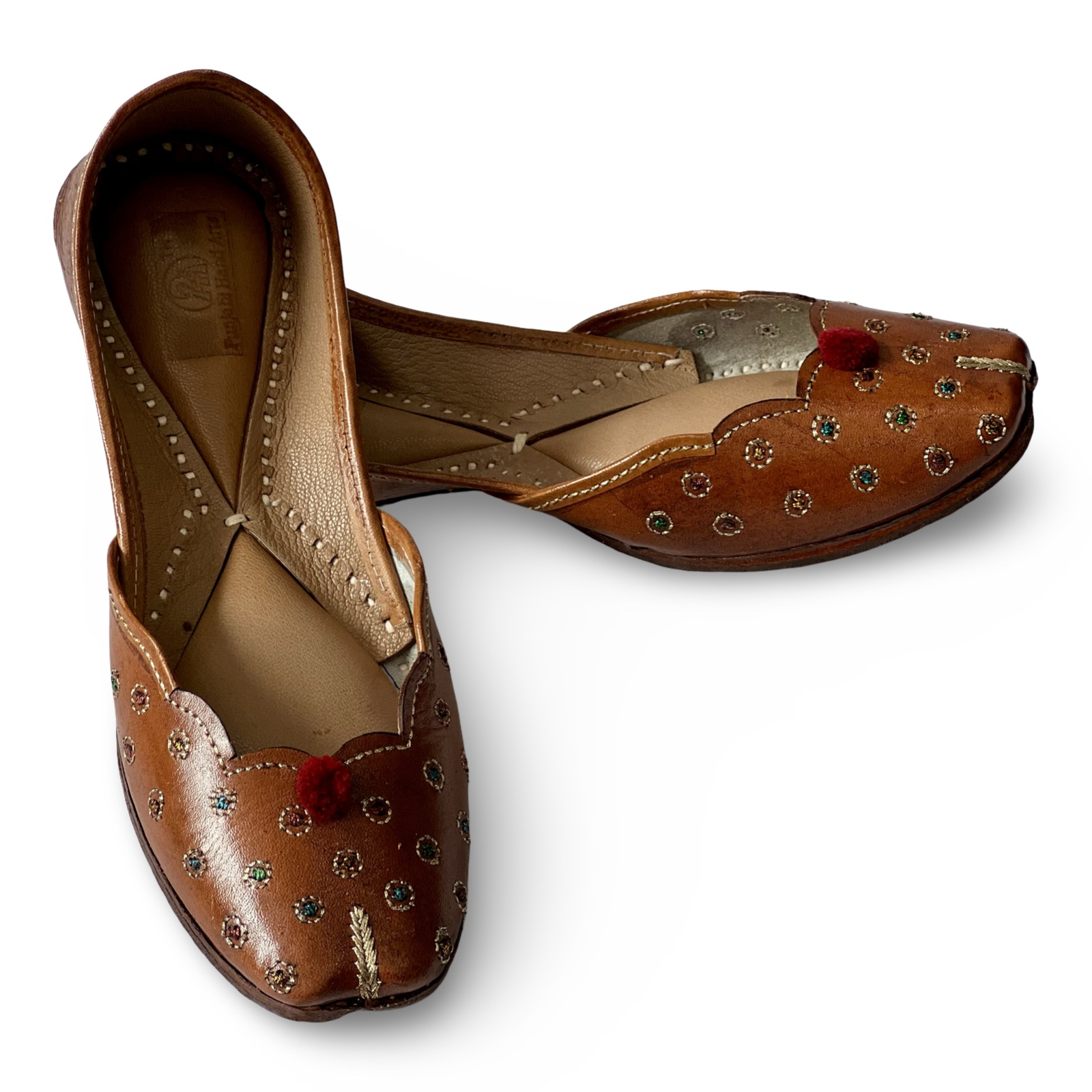 pha || traditional handcrafted leather juttis, brown with gold embroidered leaves, red pom pom soft & durable punjabi jutti