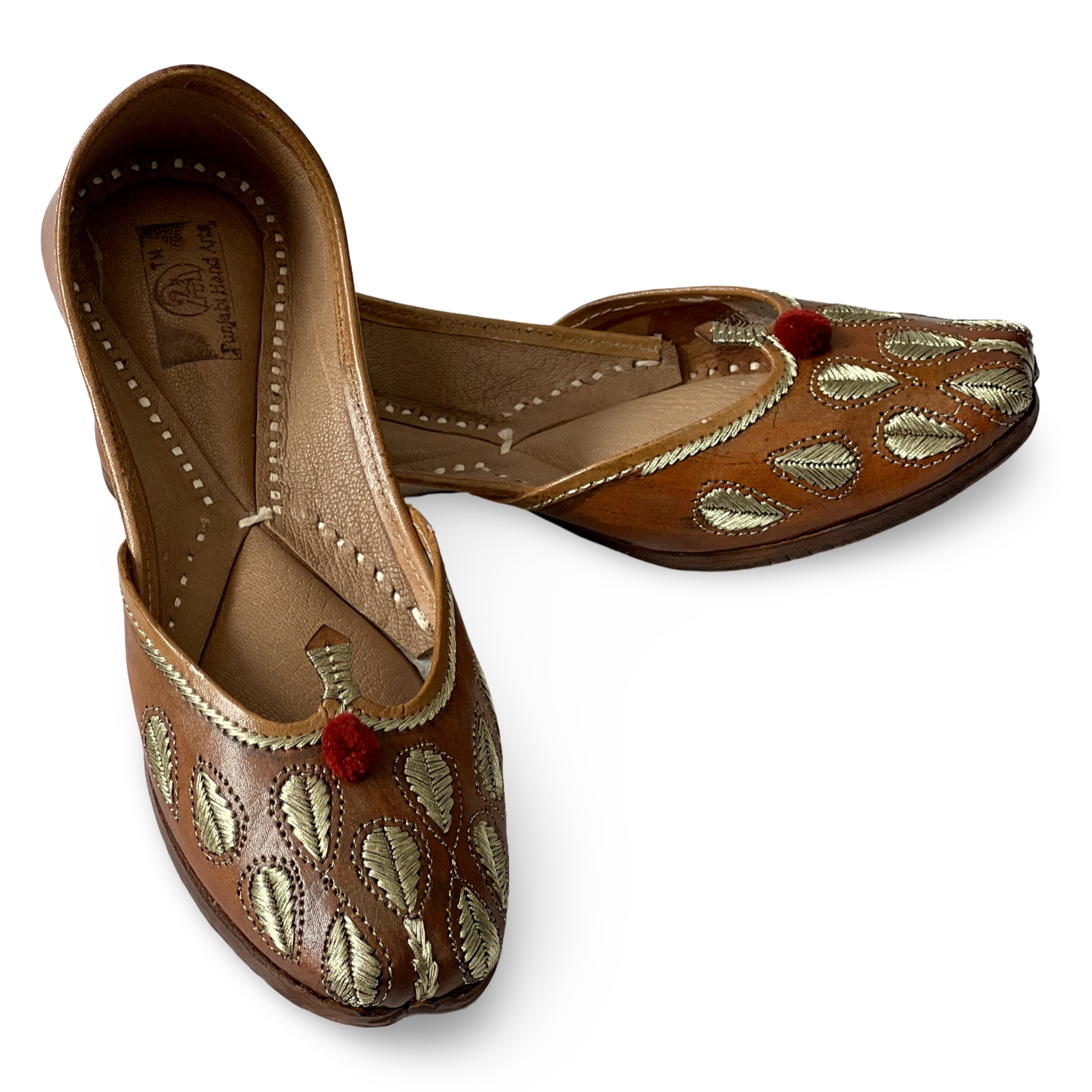 pha || traditional handcrafted leather juttis, brown with gold embroidered leaves, red pom pom soft & durable punjabi jutti