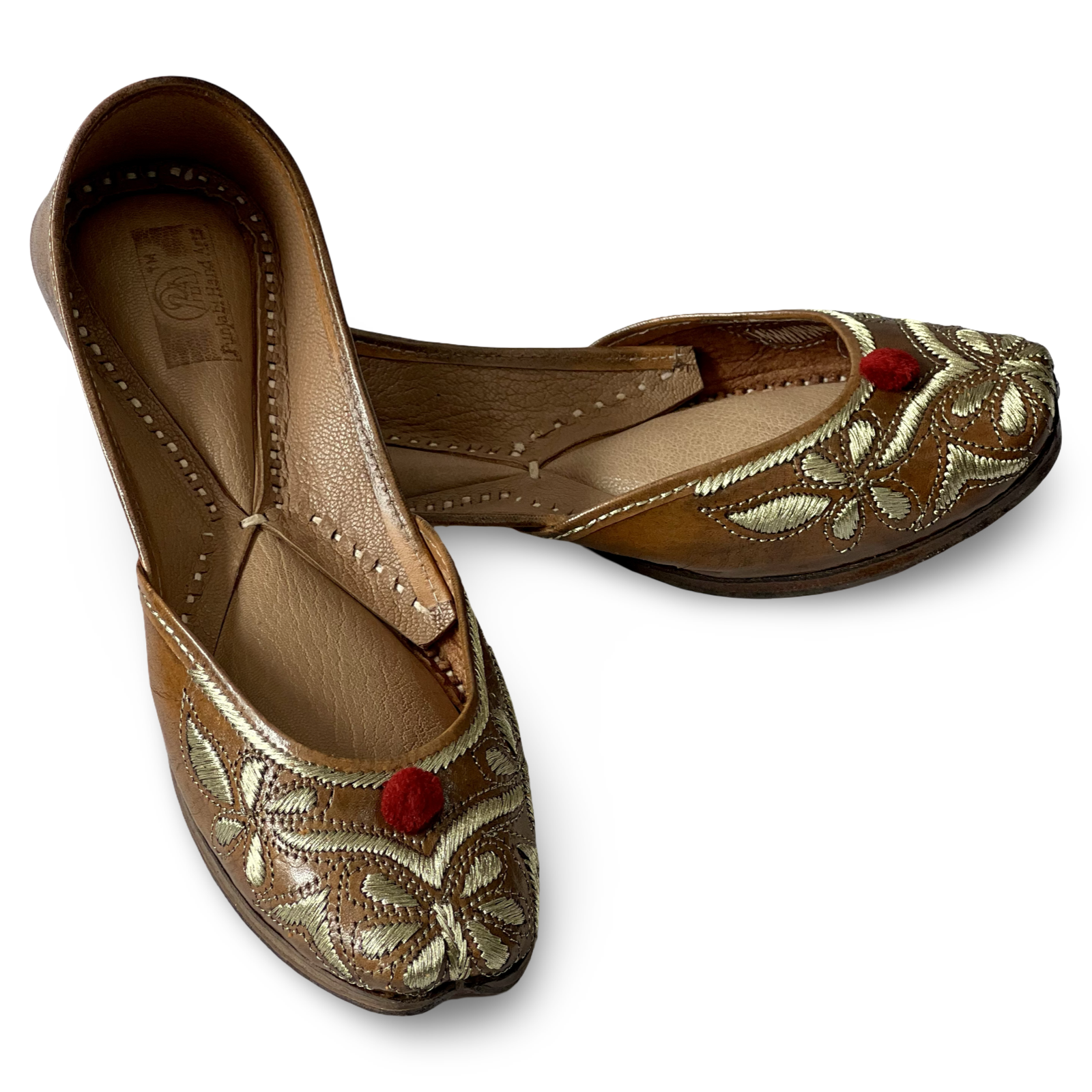 pha || traditional embroidered floral punjabi juttis, brown leather with gold thread design, red pom pom soft & durable jutti