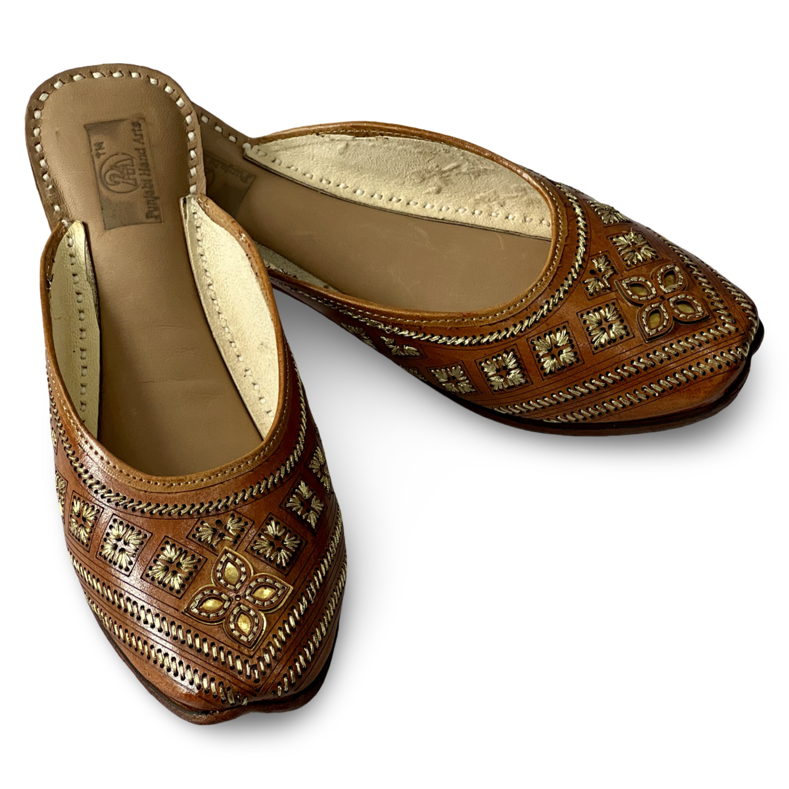 pha || women's traditional handcrafted leather mules, brown with gold embroidery, back open jutti | phas punjabi juttis