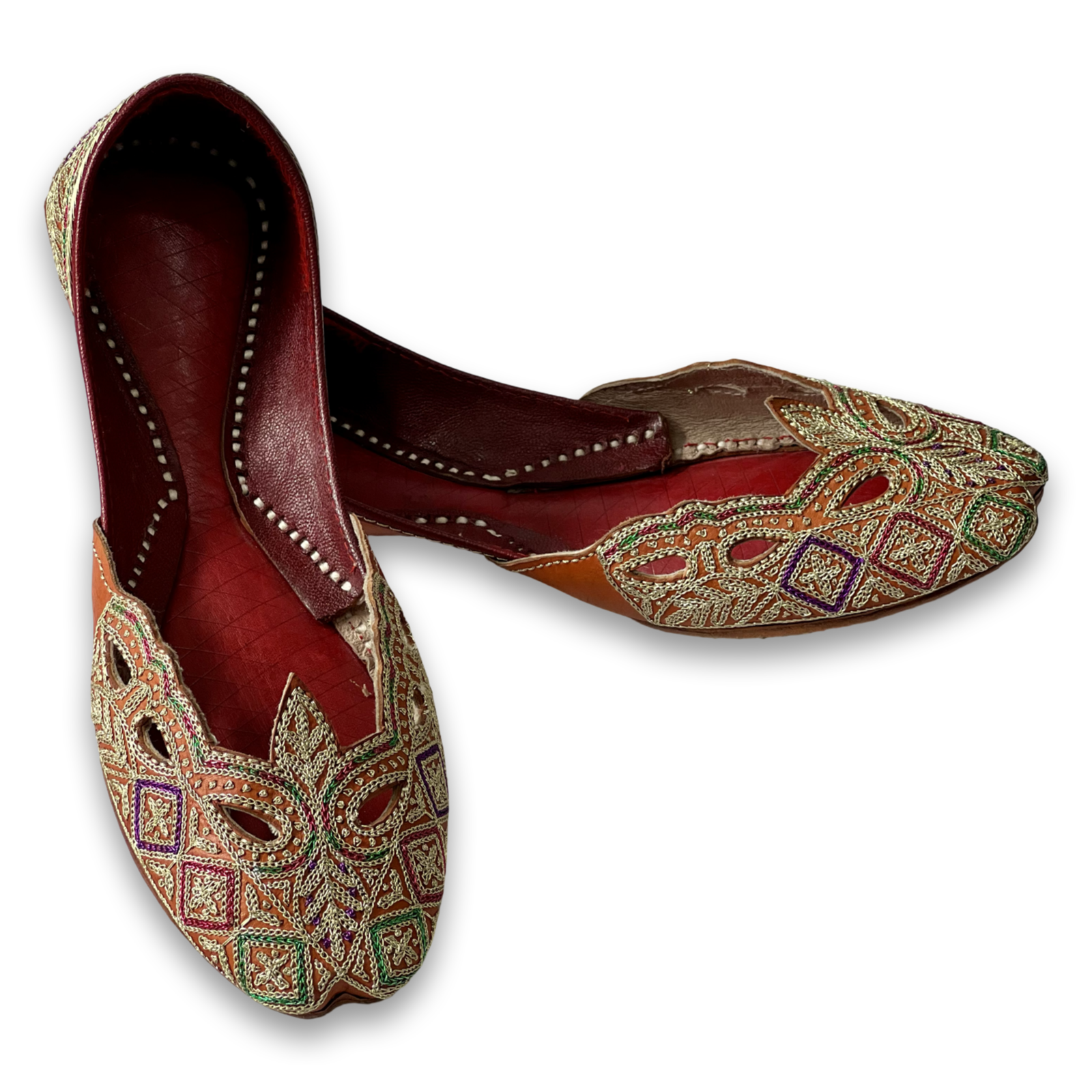 pha || women's traditional embroidered leather punjabi jutti, orange with multicolour thread work, handcrafted ethnic juttis