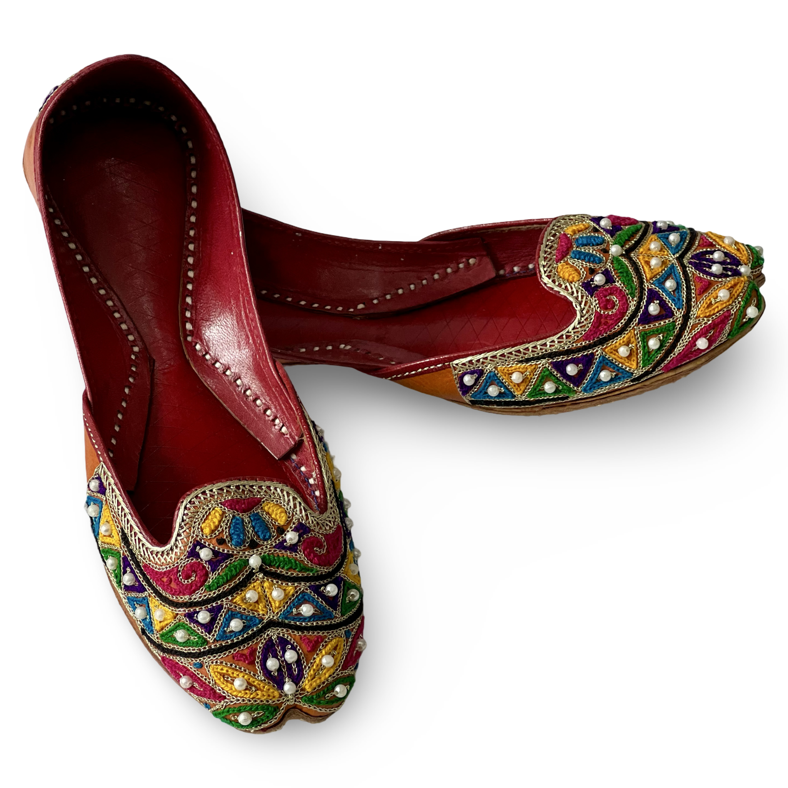 pha || women's traditional handcrafted leather punjabi jutti, multicolour embroidered, pearl beaded juttis, orange juttis