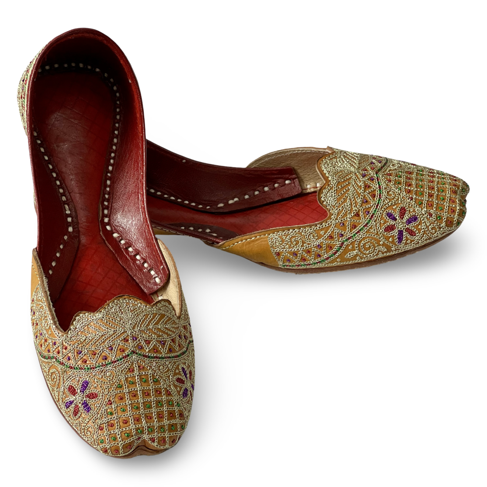 pha || women's traditional handcrafted leather punjabi jutti, gold embroidered, multicolour floral cut design juttis