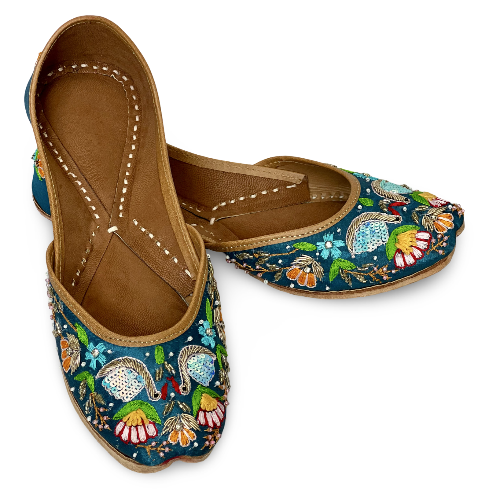 pha || traditional women's floral embroidered punjabi jutti flats, navy blue with multi colour stitching, stylish peacock design jutti