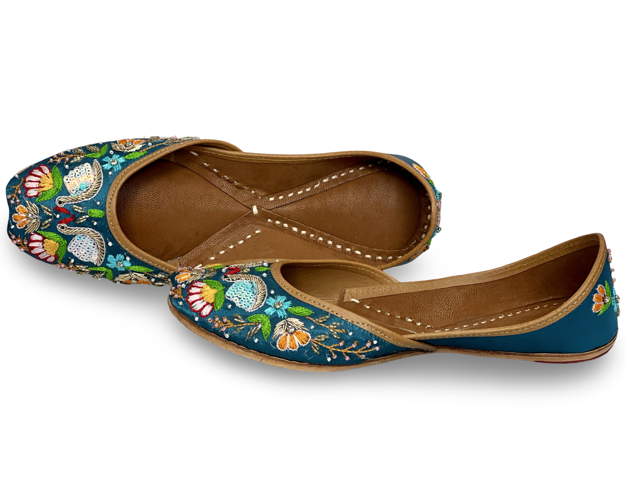 pha || traditional women's floral embroidered punjabi jutti flats, navy blue with multi colour stitching, stylish peacock design jutti