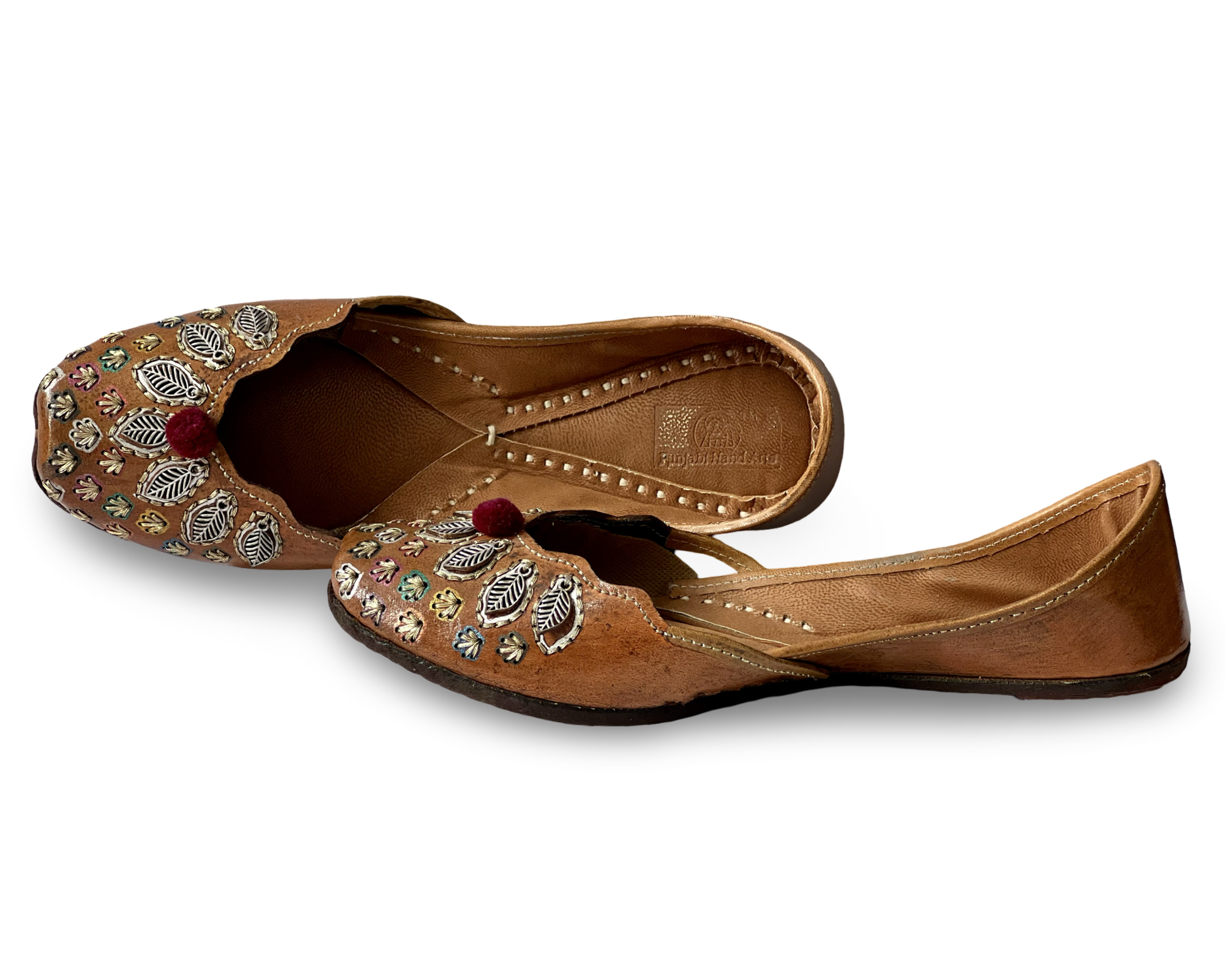 pha || women's traditional embroidered punjabi jutti, brown leather, decorative metal leaf design, phas juttis