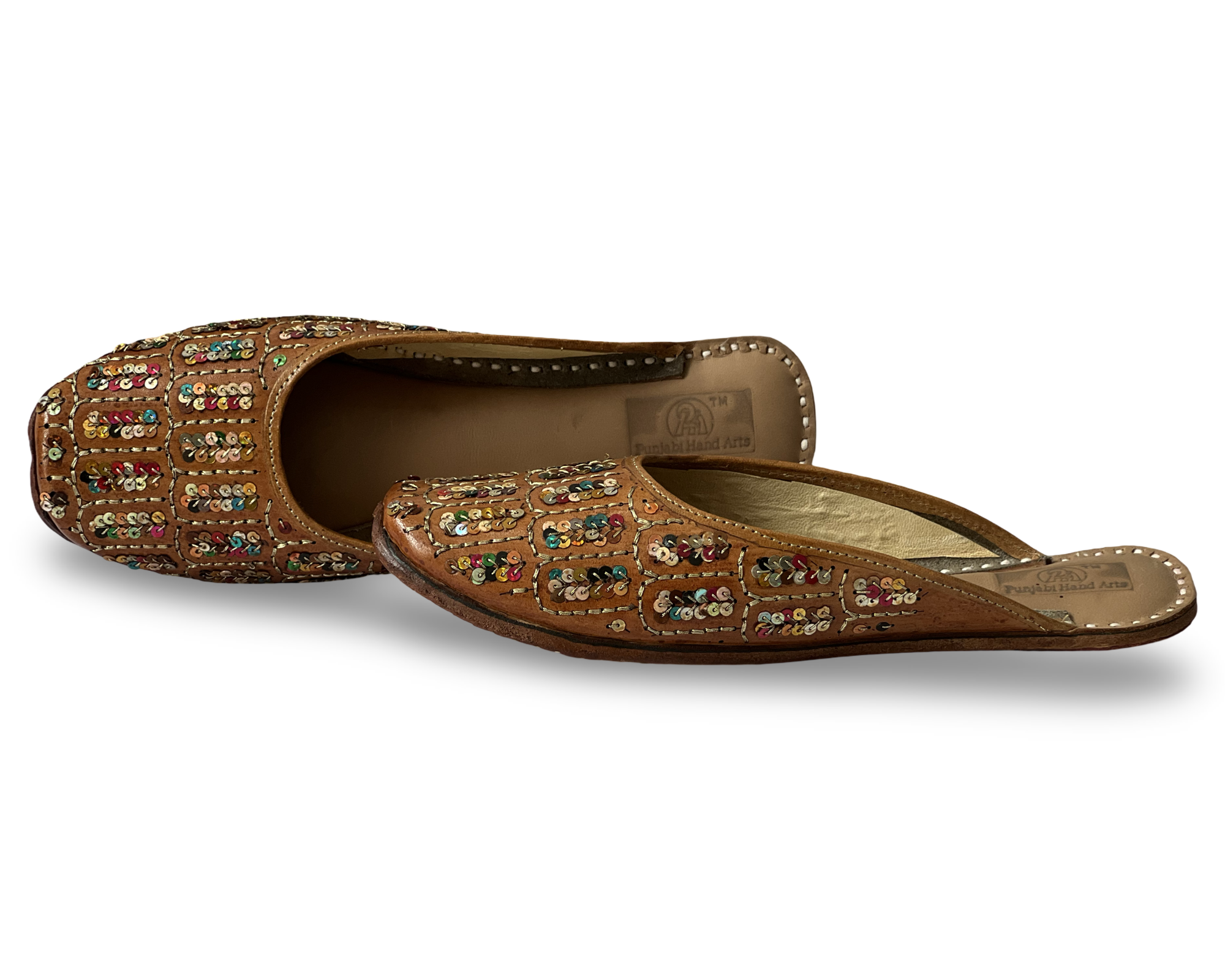 pha || wome's traditional sequined leather mojari, back open handcrafted embellished flats jutti | punjabi juttis