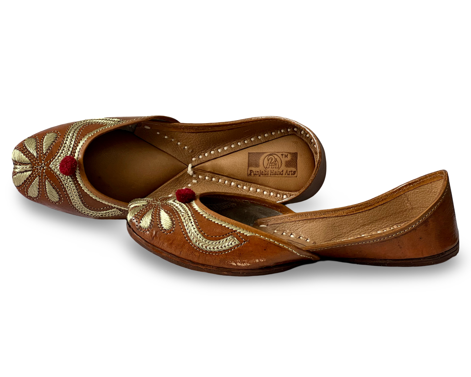 pha || traditional women's embroidered leather soft punjabi jutti, brown with gold floral design, mary jane style punjabi juttis