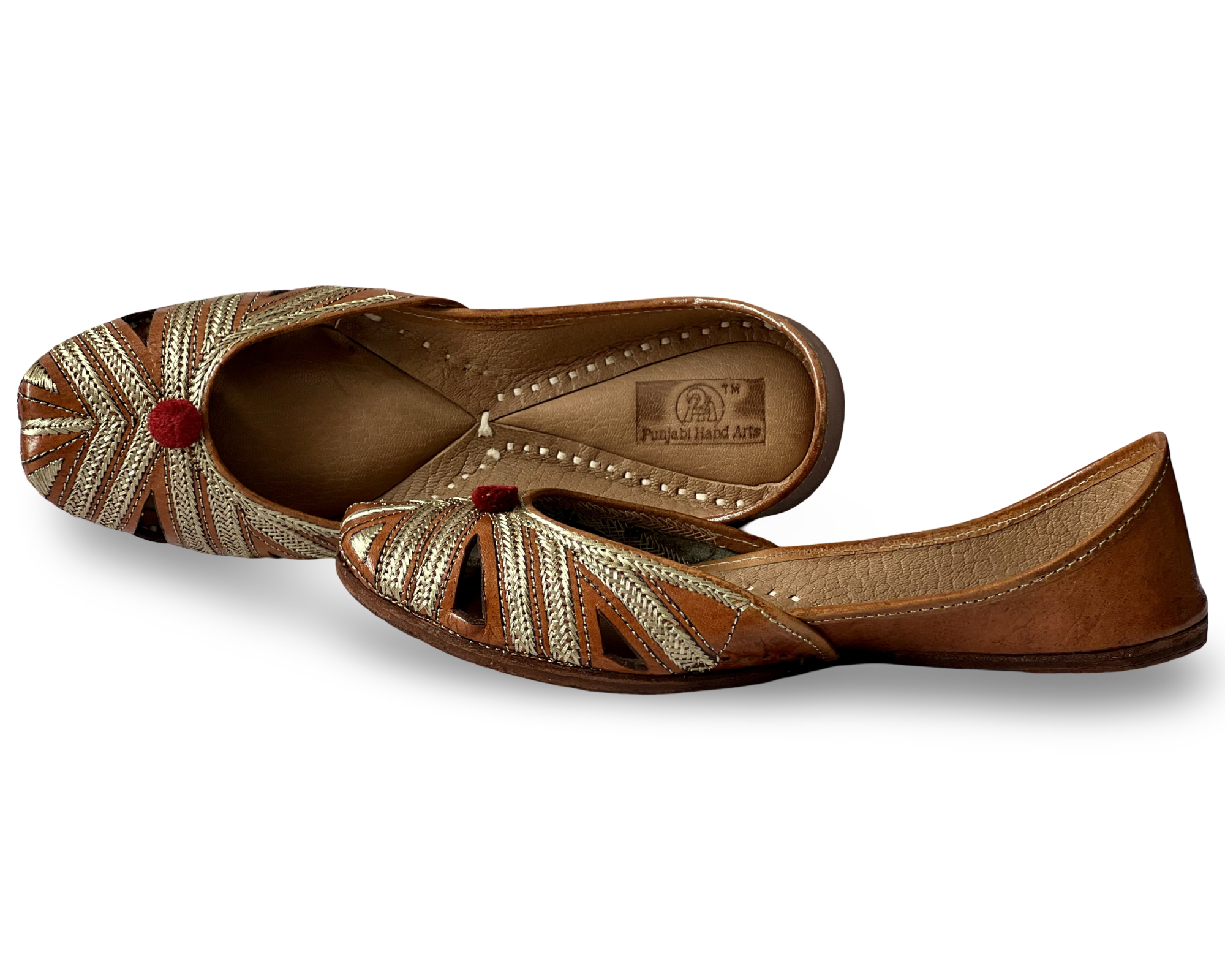 pha || women's woven leather soft punjabi jutti, brown and gold, decorative red pom pom, vintage style juttis