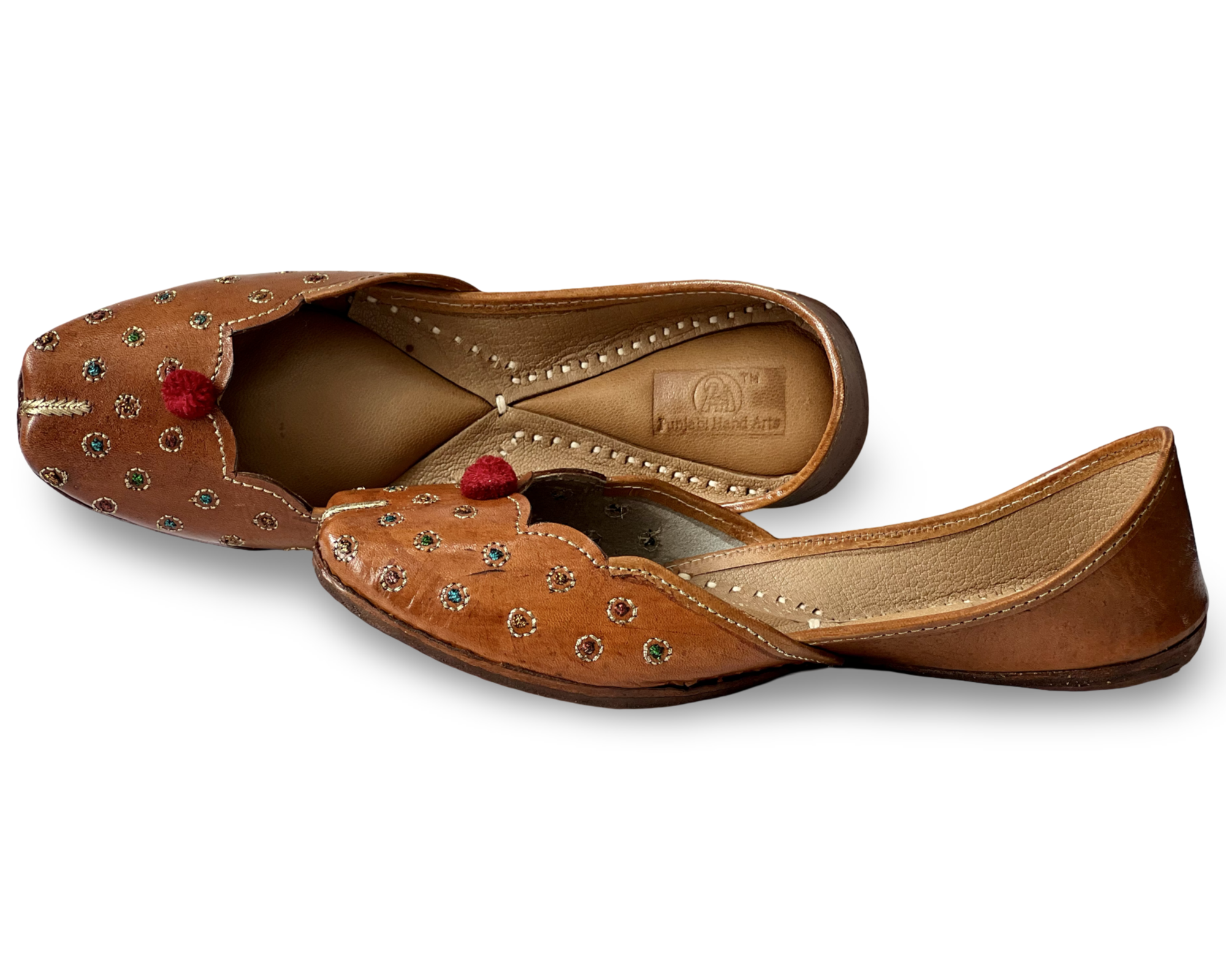 pha || traditional handcrafted leather juttis, brown with gold embroidered leaves, red pom pom soft & durable punjabi jutti