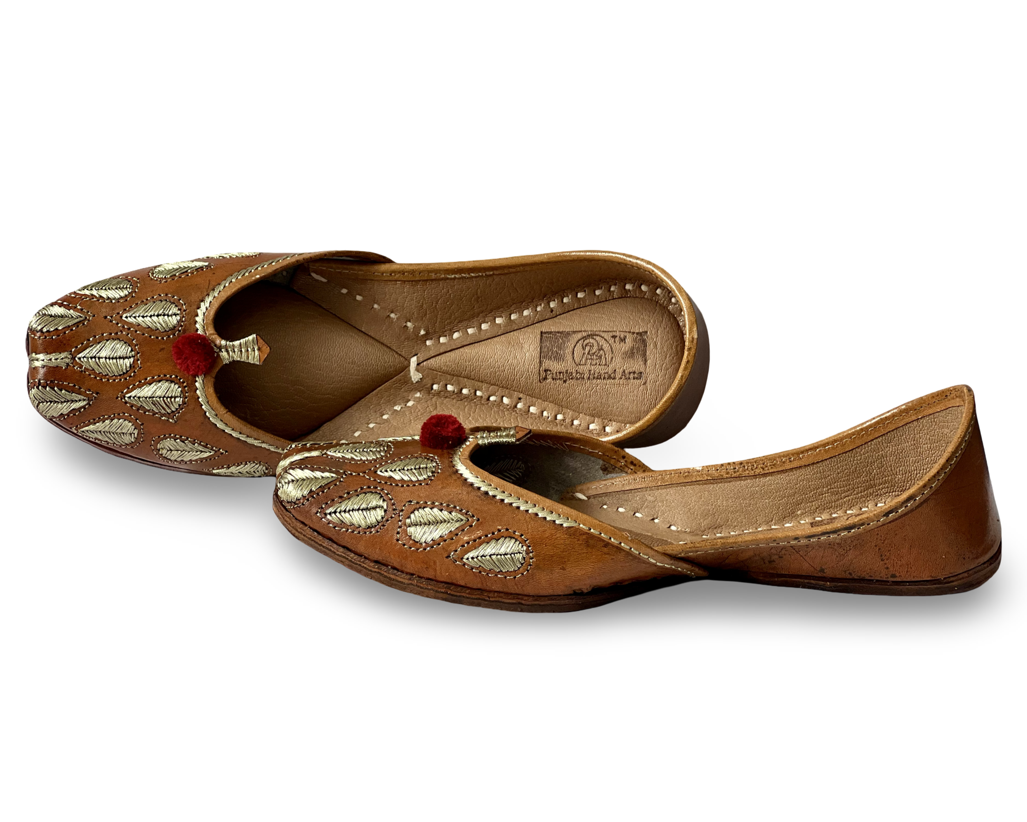 pha || traditional handcrafted leather juttis, brown with gold embroidered leaves, red pom pom soft & durable punjabi jutti