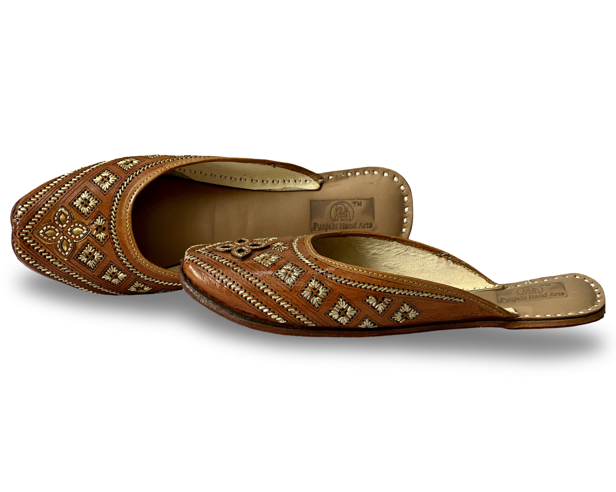 pha || women's traditional handcrafted leather mules, brown with gold embroidery, back open jutti | phas punjabi juttis