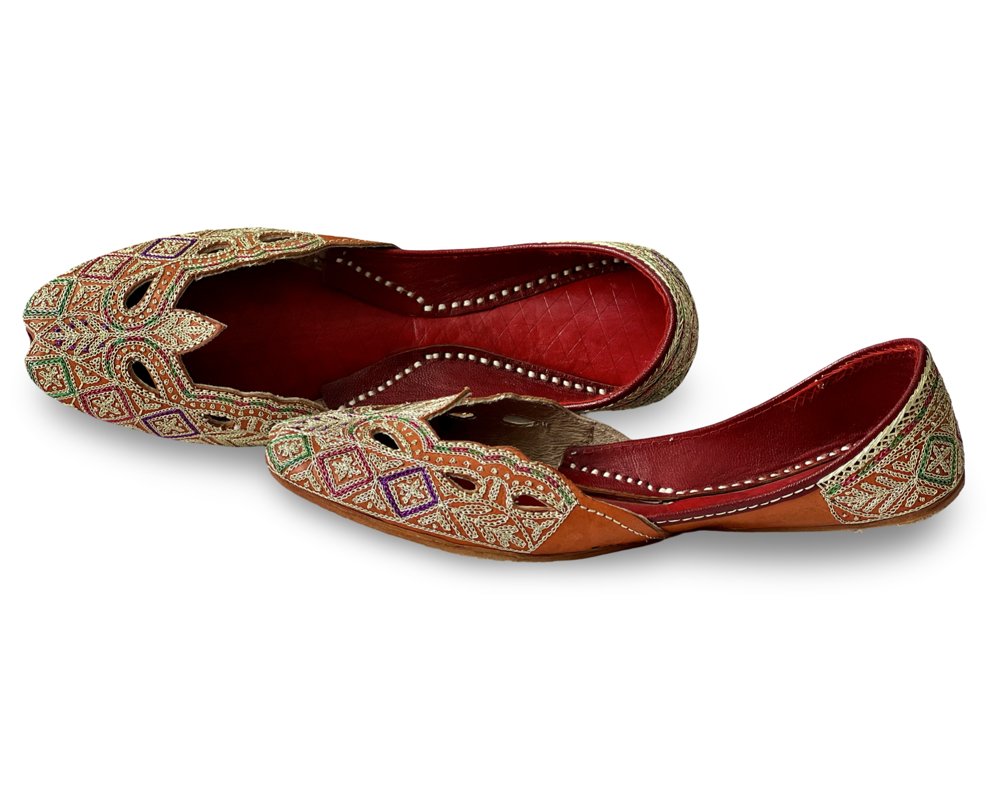 pha || women's traditional embroidered leather punjabi jutti, orange with multicolour thread work, handcrafted ethnic juttis