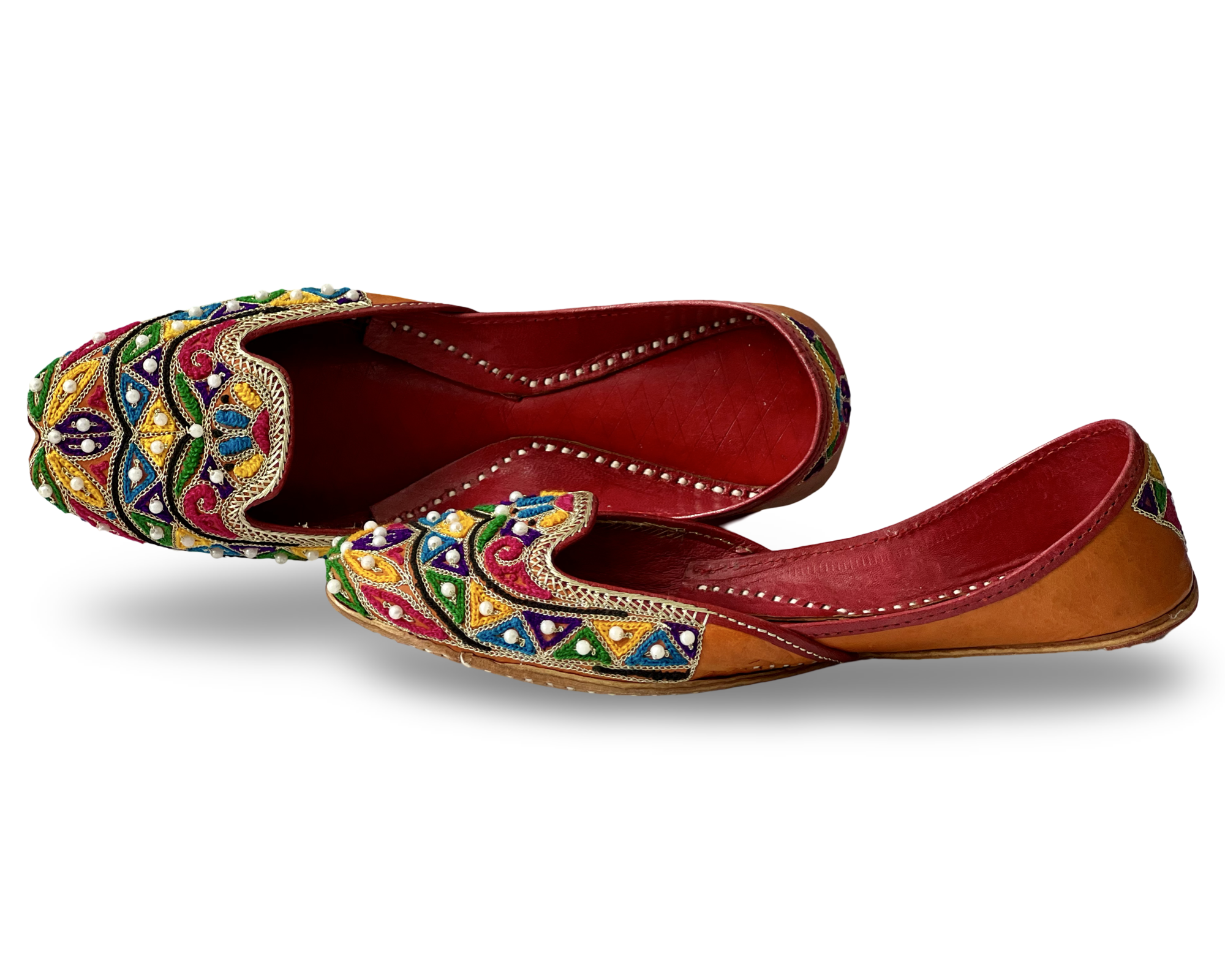 pha || women's traditional handcrafted leather punjabi jutti, multicolour embroidered, pearl beaded juttis, orange juttis