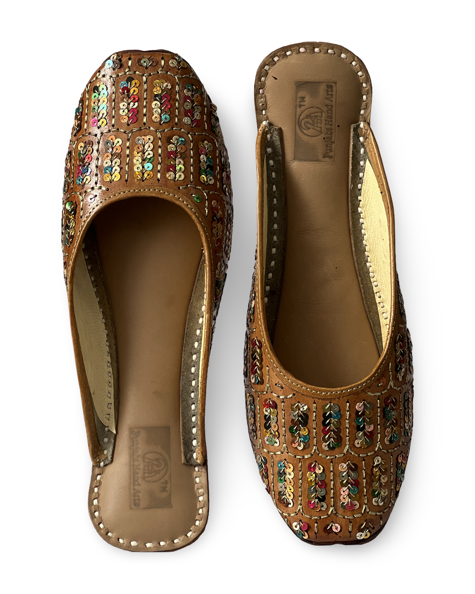pha || wome's traditional sequined leather mojari, back open handcrafted embellished flats jutti | punjabi juttis