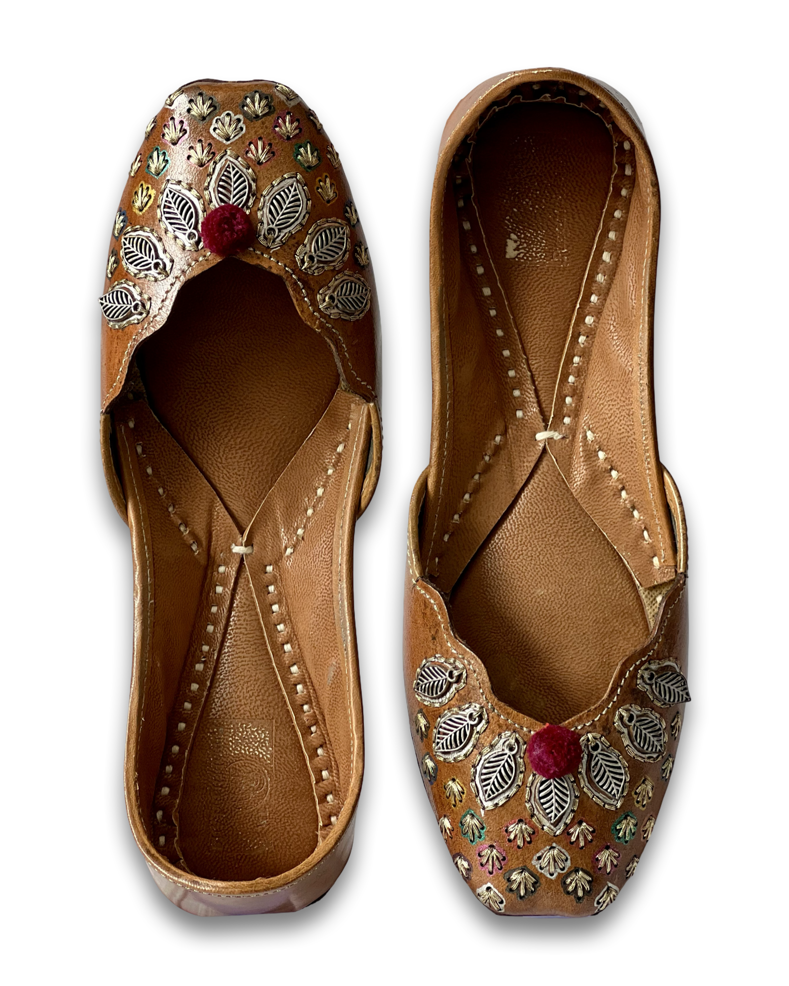 pha || women's traditional embroidered punjabi jutti, brown leather, decorative metal leaf design, phas juttis
