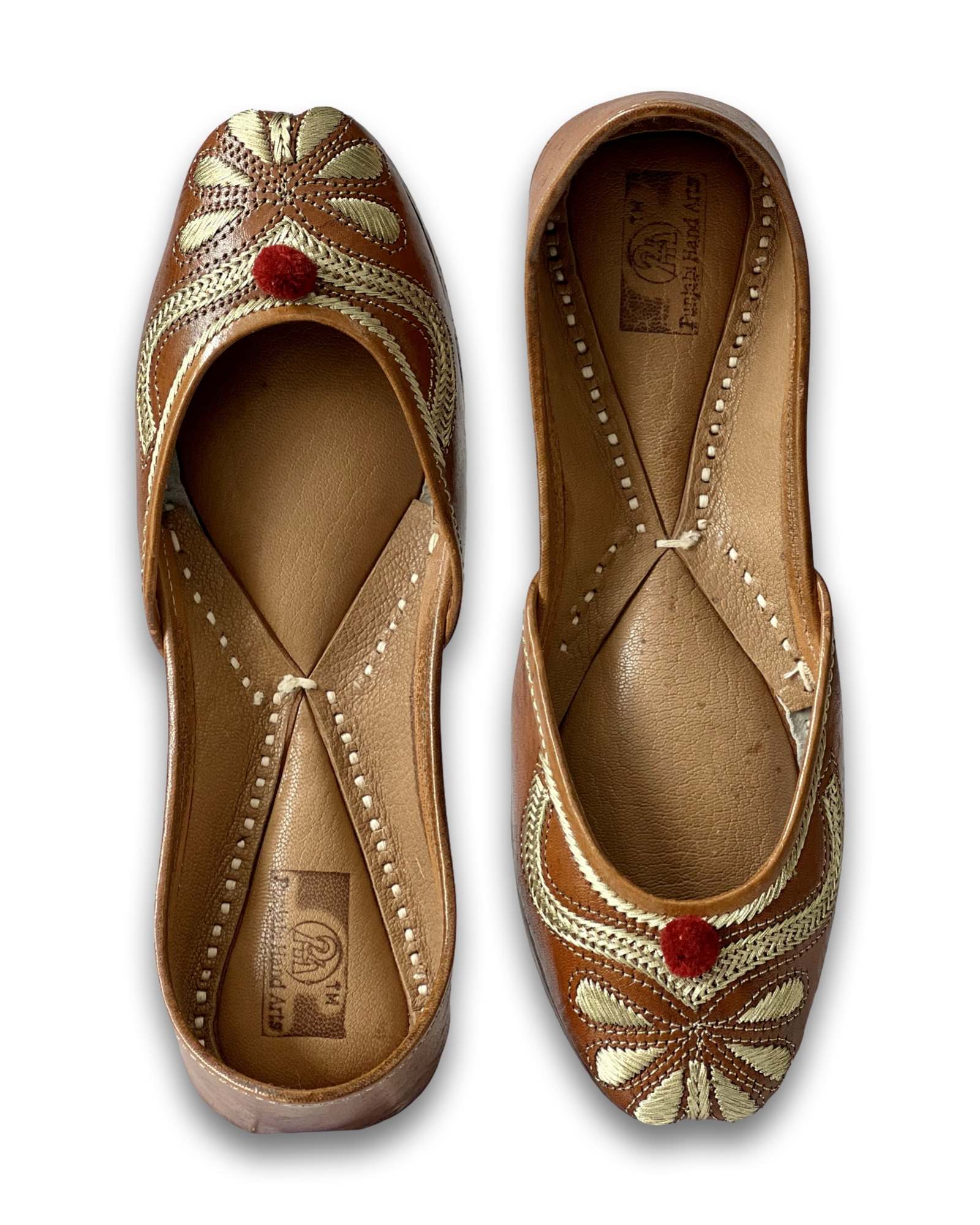 pha || traditional women's embroidered leather soft punjabi jutti, brown with gold floral design, mary jane style punjabi juttis