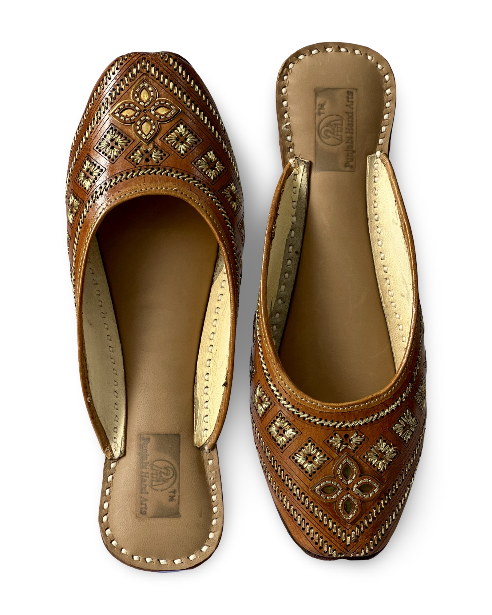 pha || women's traditional handcrafted leather mules, brown with gold embroidery, back open jutti | phas punjabi juttis