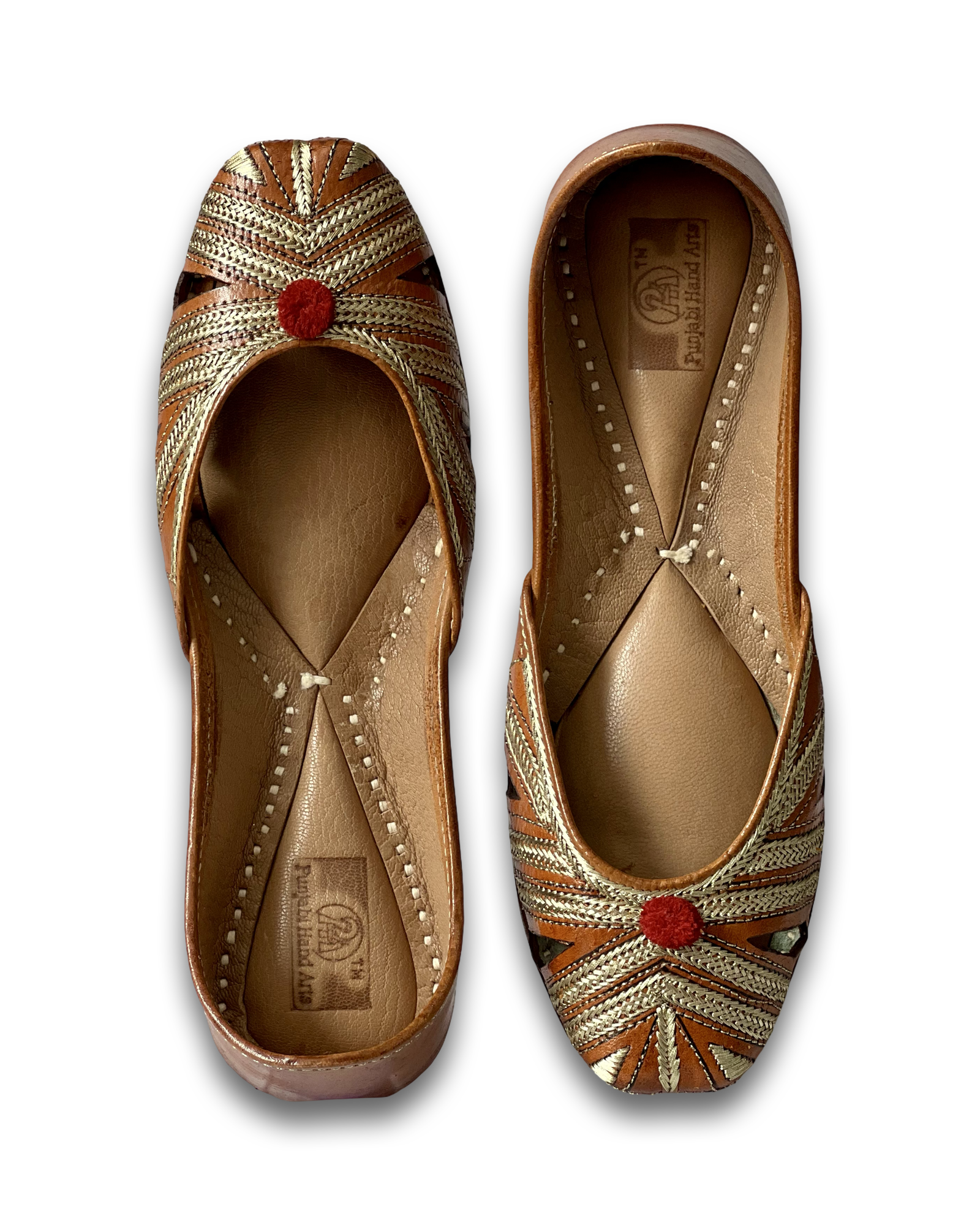 pha || women's woven leather soft punjabi jutti, brown and gold, decorative red pom pom, vintage style juttis