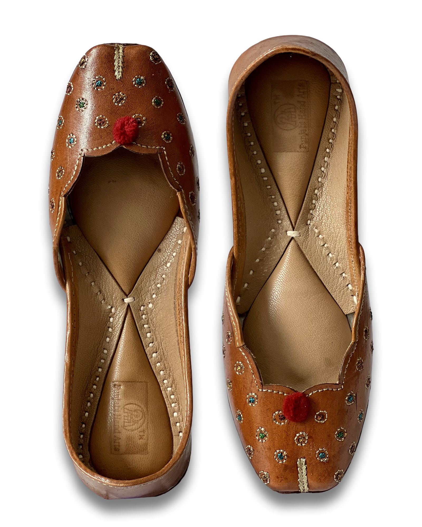 pha || traditional handcrafted leather juttis, brown with gold embroidered leaves, red pom pom soft & durable punjabi jutti