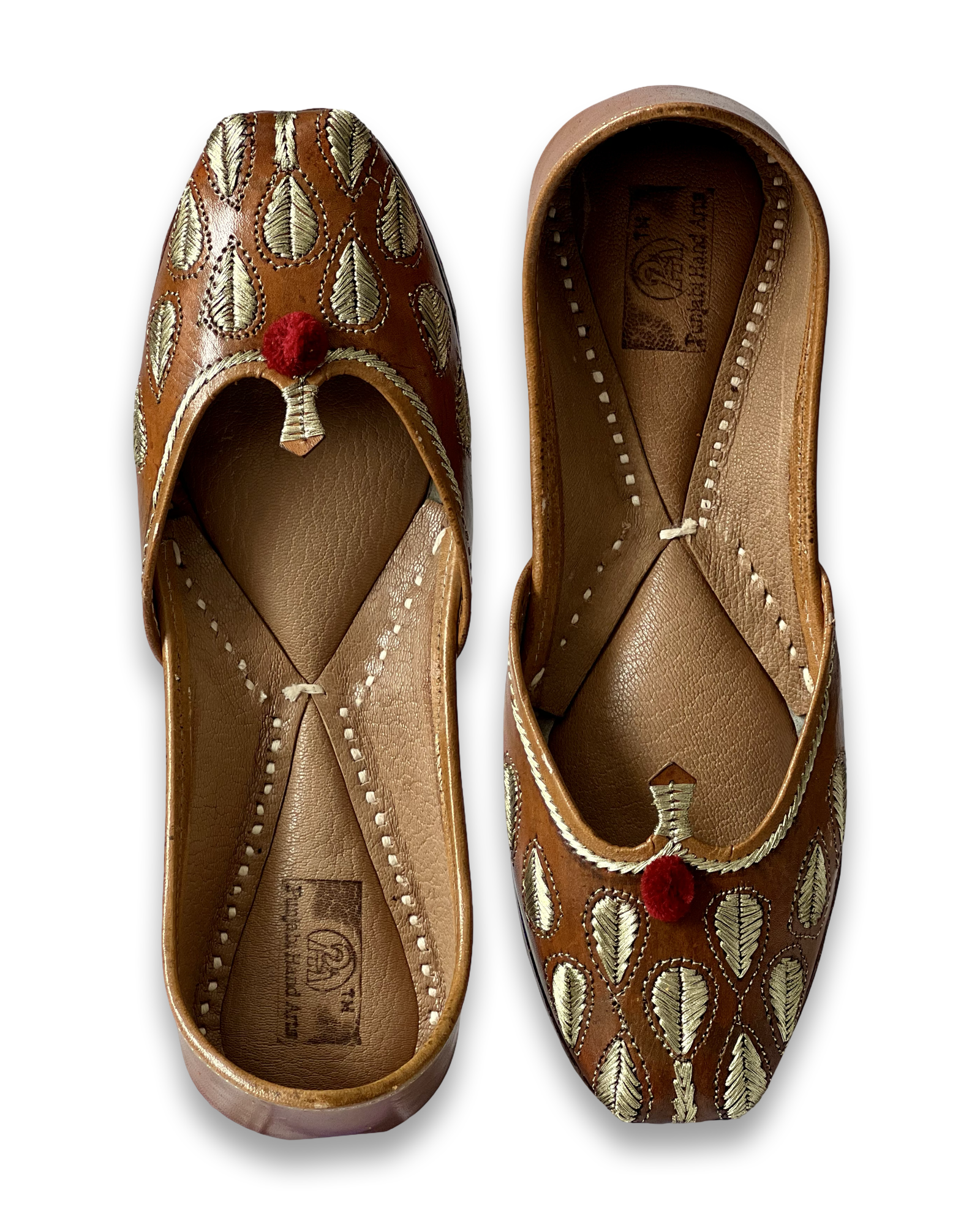 pha || traditional handcrafted leather juttis, brown with gold embroidered leaves, red pom pom soft & durable punjabi jutti