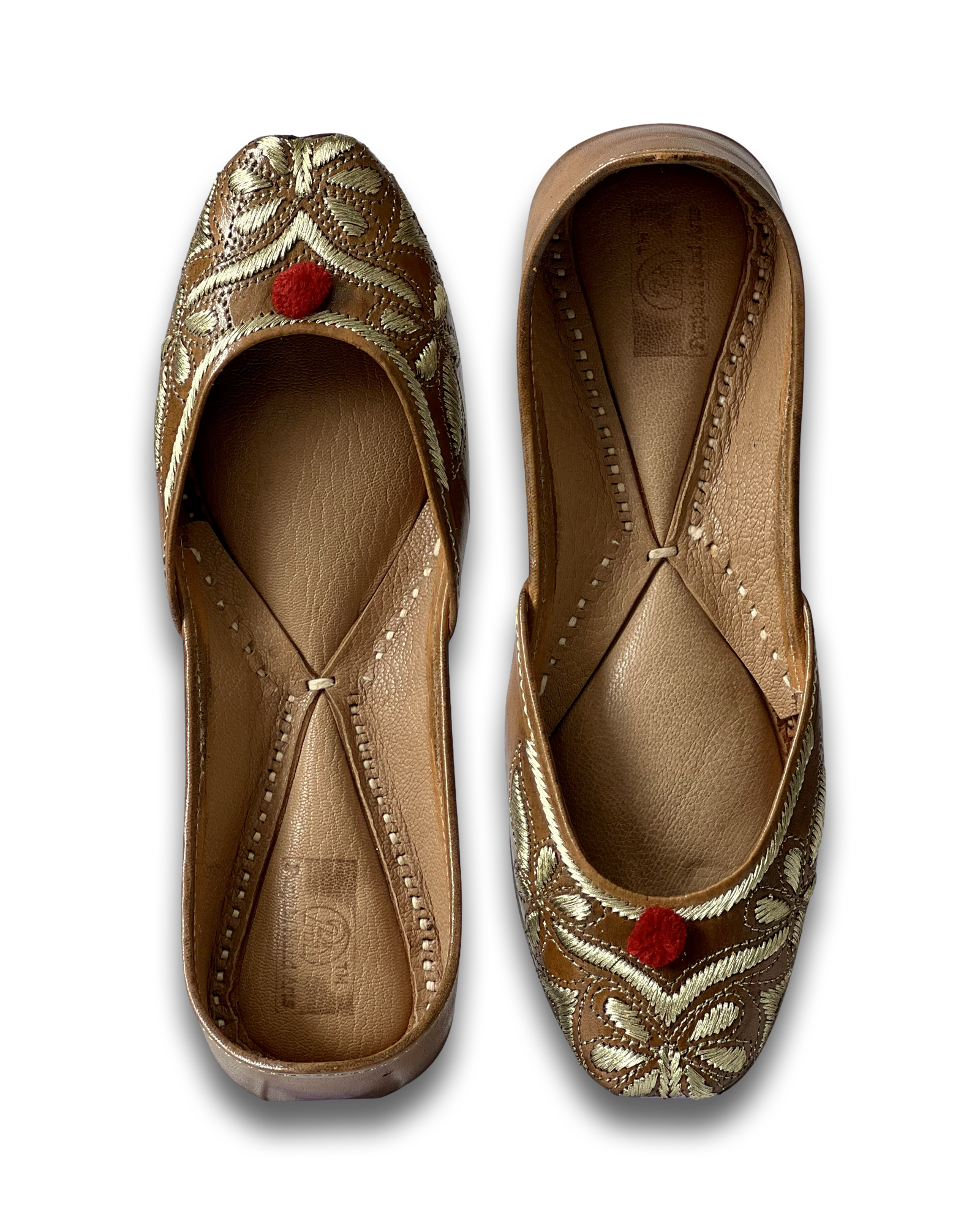 pha || traditional embroidered floral punjabi juttis, brown leather with gold thread design, red pom pom soft & durable jutti